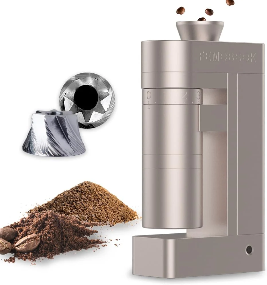 Femobook Elektrische Kegelmühlen, Schwarz, A5 Elektrische Kaffeemühle mit Kegelmahlwerk, Champagnergold