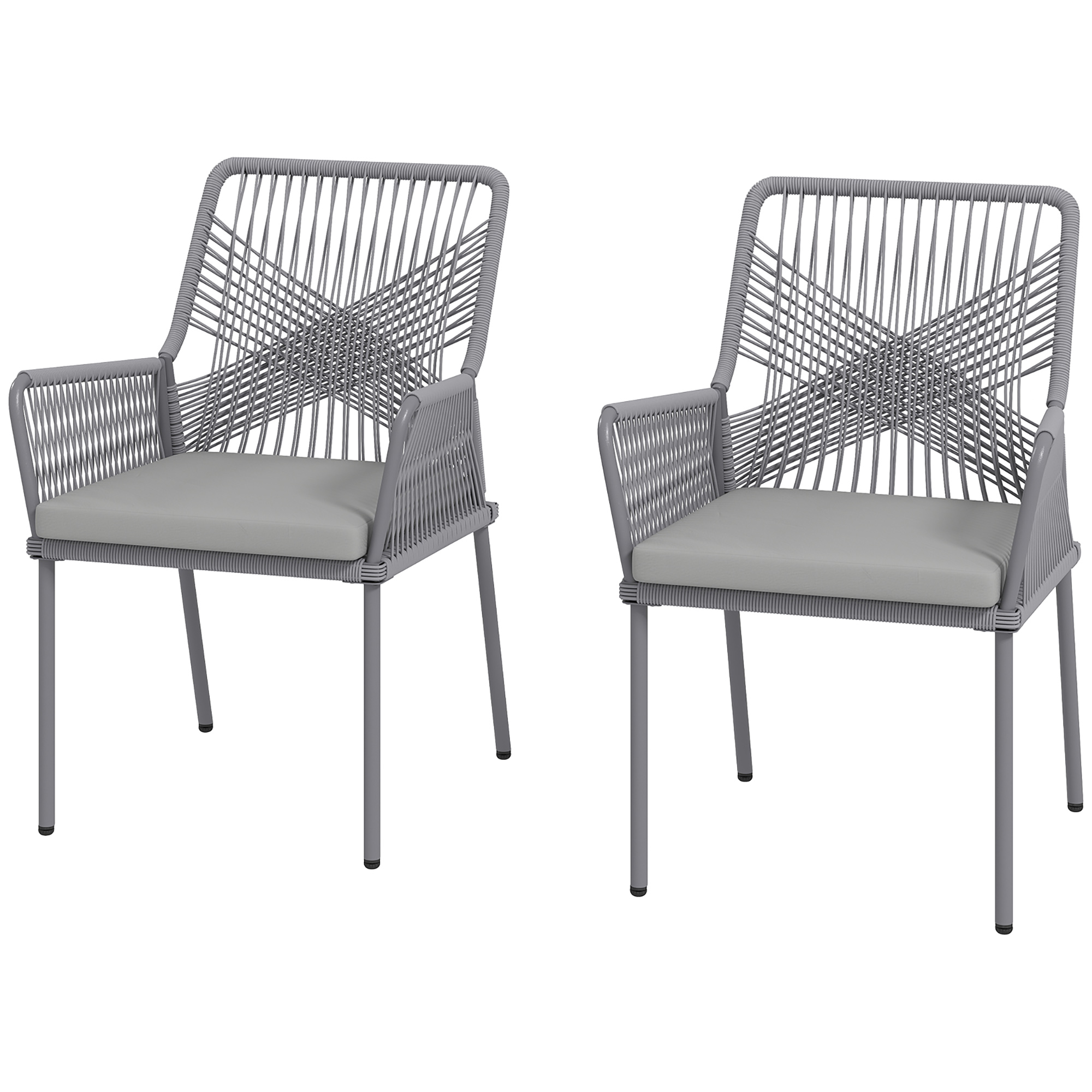 Outsunny 2er-Set Gartenstühle, Terrassenstühle, waschbare Kissen, Rückenlehne, Armlehnen, Stahl, Rattan, Dunkelgrau