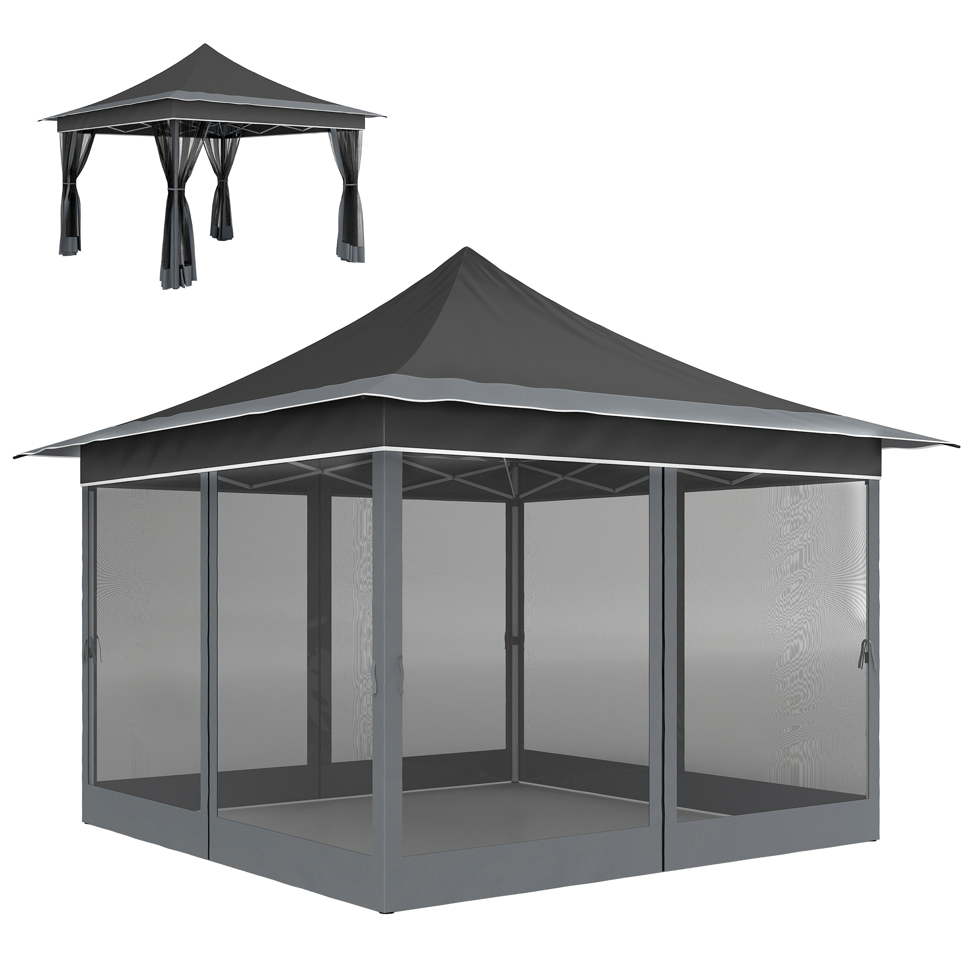 Outsunny Gartenpavillon mit höhenverstellbarem Moskitonetz, aus Polyestergewebe und Metall, 357x357x310 cm, Dunkelgrau