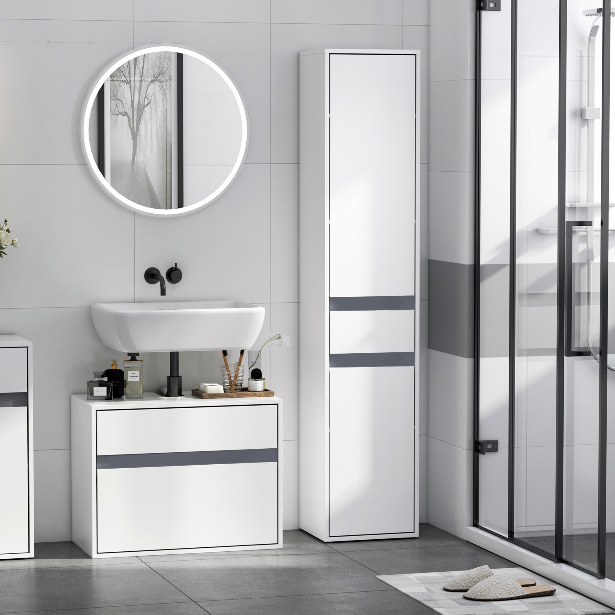 HOMCOM Hochschrank Badezimmer Aufbewahrung Zeitgenössischer Stil 2 Schränke 3 Regale und Schublade Ausziehbar Spanplatten Weiß