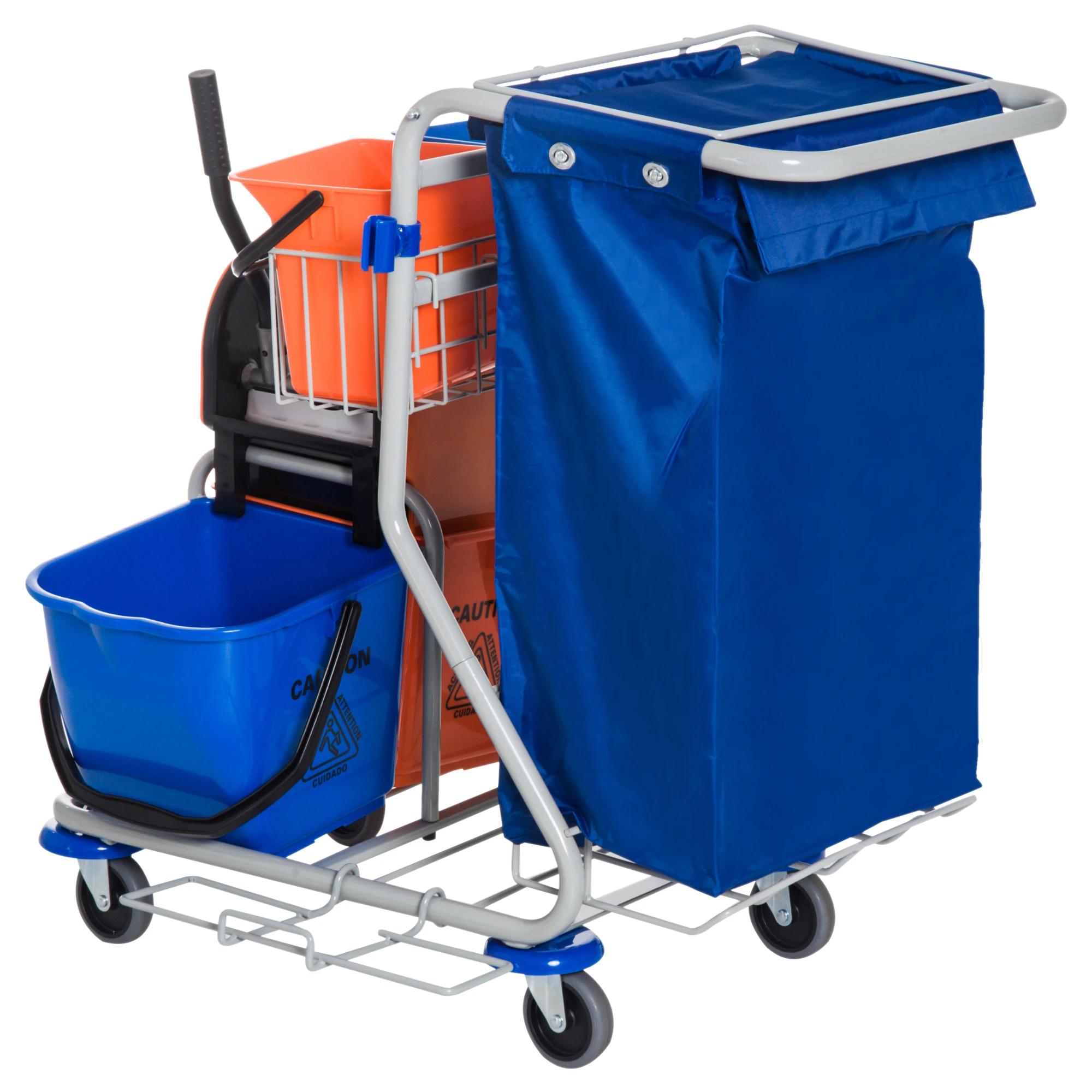 Schoonmaakwagen schoonmaaktrolley met wielen 4 verrijdbare emmers, dweilwagen, blauwe systeemwagen