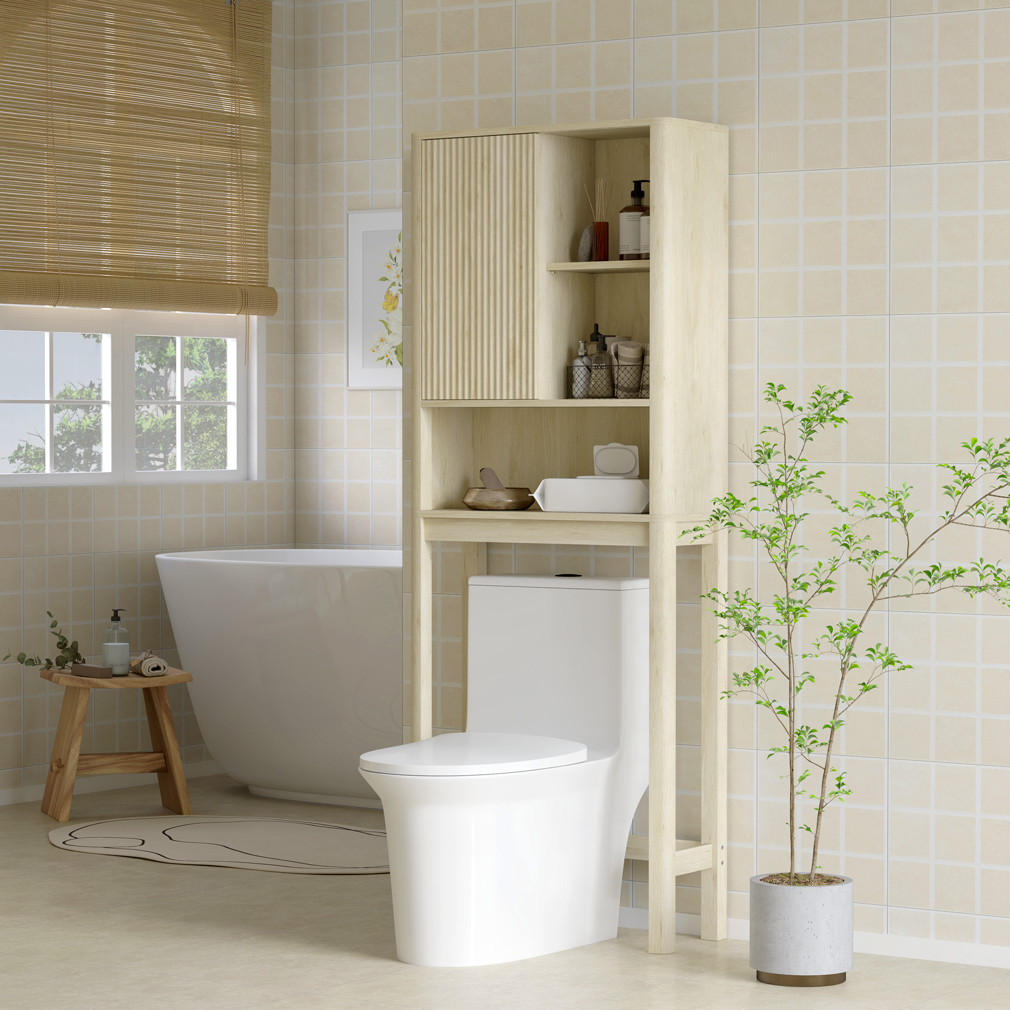 HOMCOM WC-Regal über Toilette mit Schiebetür, Fächern und verstellbarem Regal, weiß