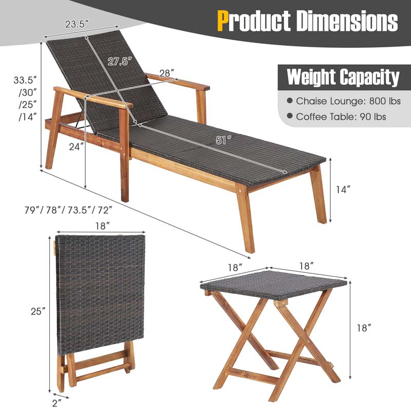 Eletriclife 3 Pcs Patio Wooden Rattan Lounge Chaise Chair Set with Folding Table