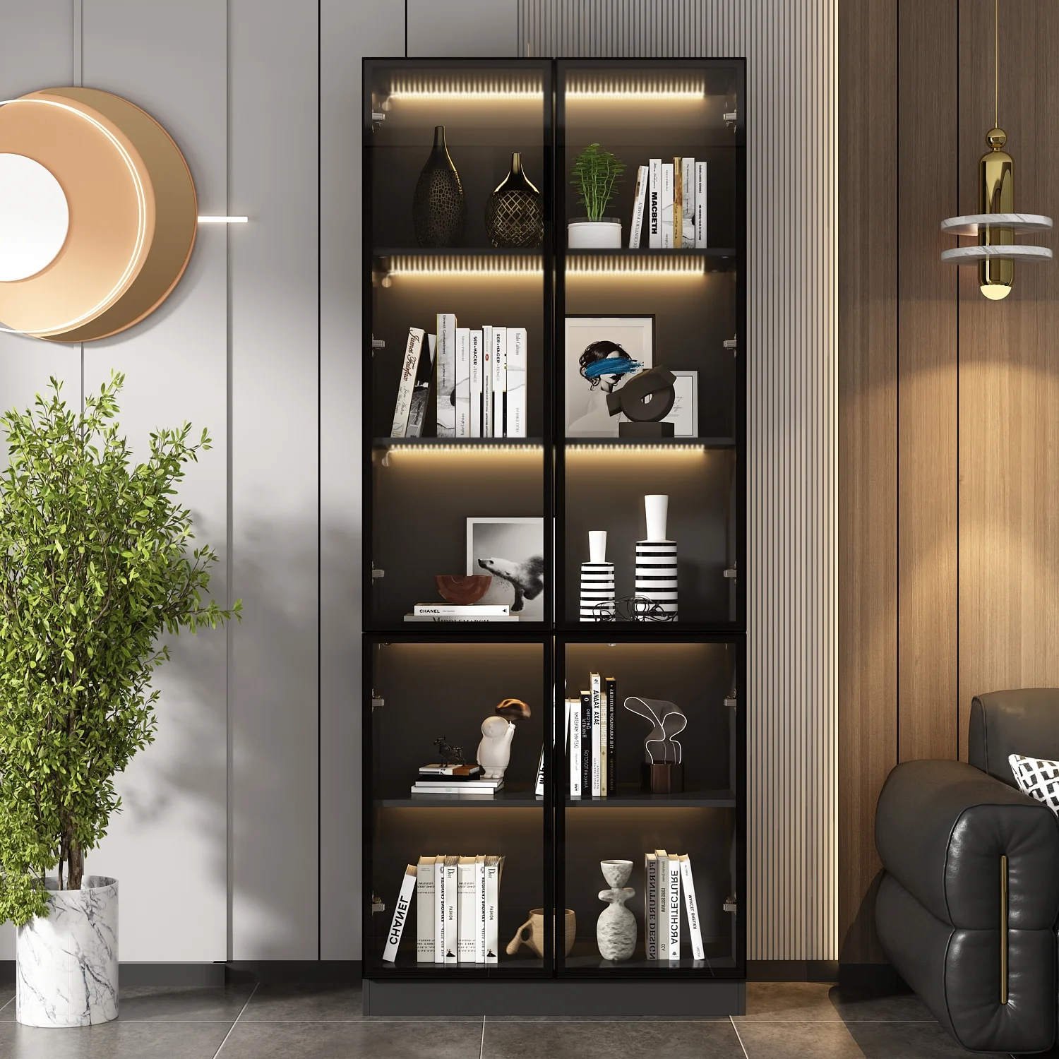 KULAGAGA Bookcases Organizer with LED Lights, Heavy Duty Display Cabinet with Glass Door for Living Room, 31.5