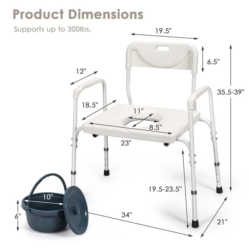 Eletriclife Height Adjustable 3-in-1 Bedside Commode Portable Toilet
