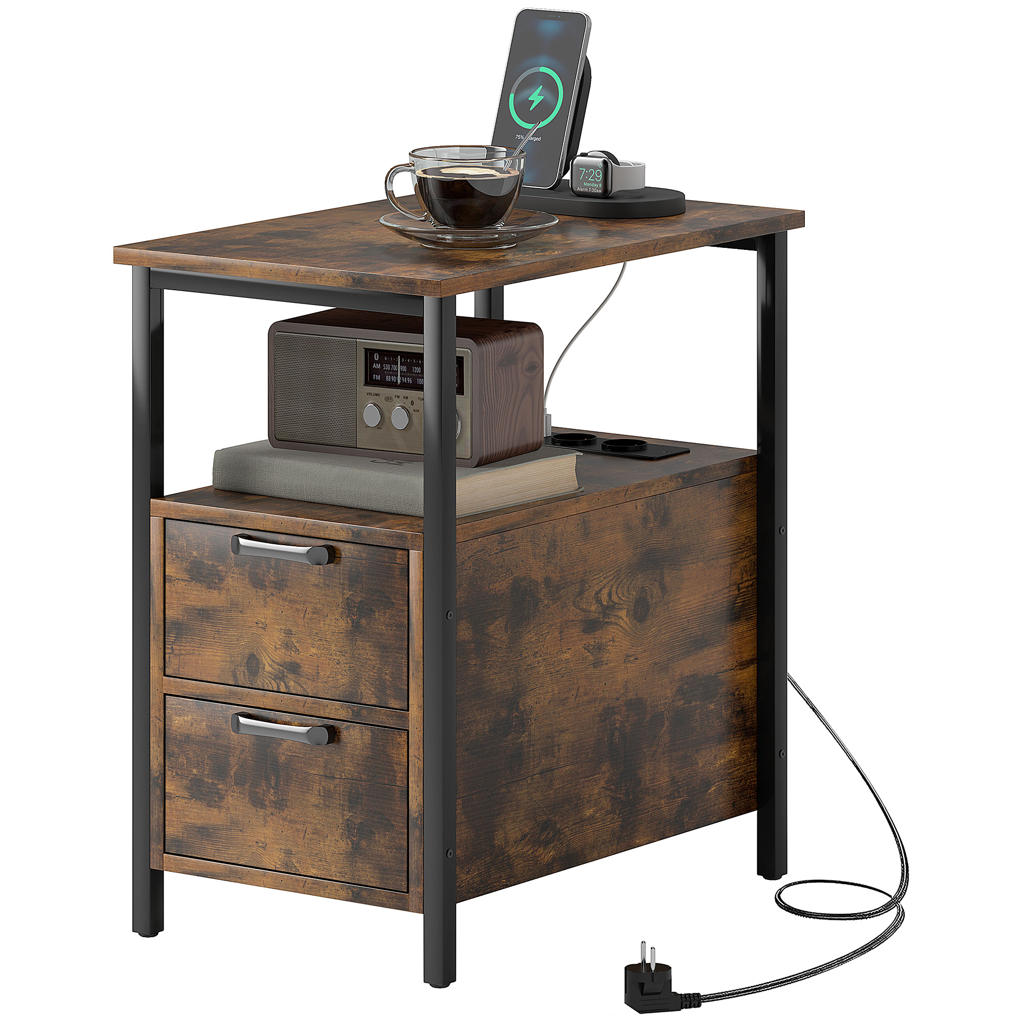 HOMCOM Beistelltisch mit Aufladestation, USB-Anschlüssen, Steckdosen, 2 Schubladen und Regal für Wohnzimmer, Schlafzimmer