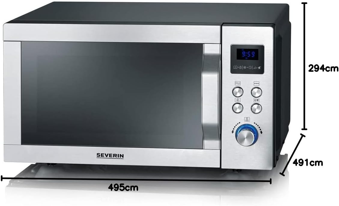 SEVERIN Mikrowelle mit Grill und Heißluftfunktion 3-in-1, zum Auftauen, Garen und Erhitzen, Mikrowelle mit Drehteller, Edelstahl-gebürstet/silber, MW 7774