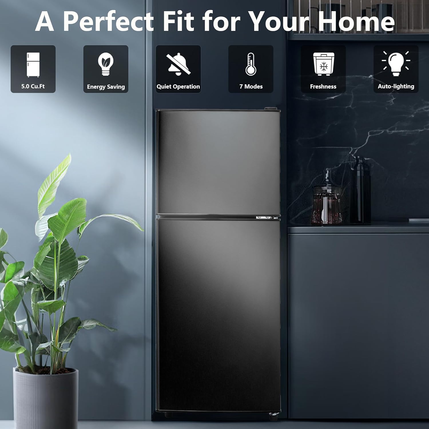 5.0 Cu.Ft Dual Door Refrigerator with Freezer, Black