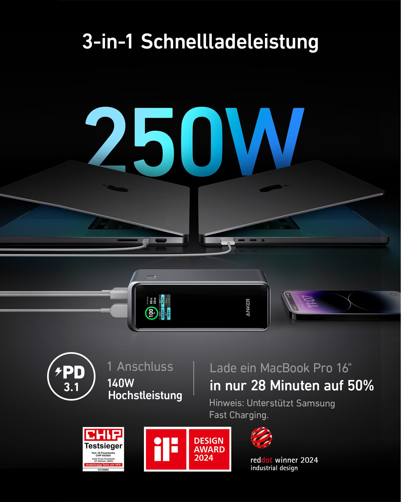 Anker Prime Powerbank 27650mAh 250W Max 3 Ports App Steuerung tragbar Schnellladung USB C für Laptop und Reise