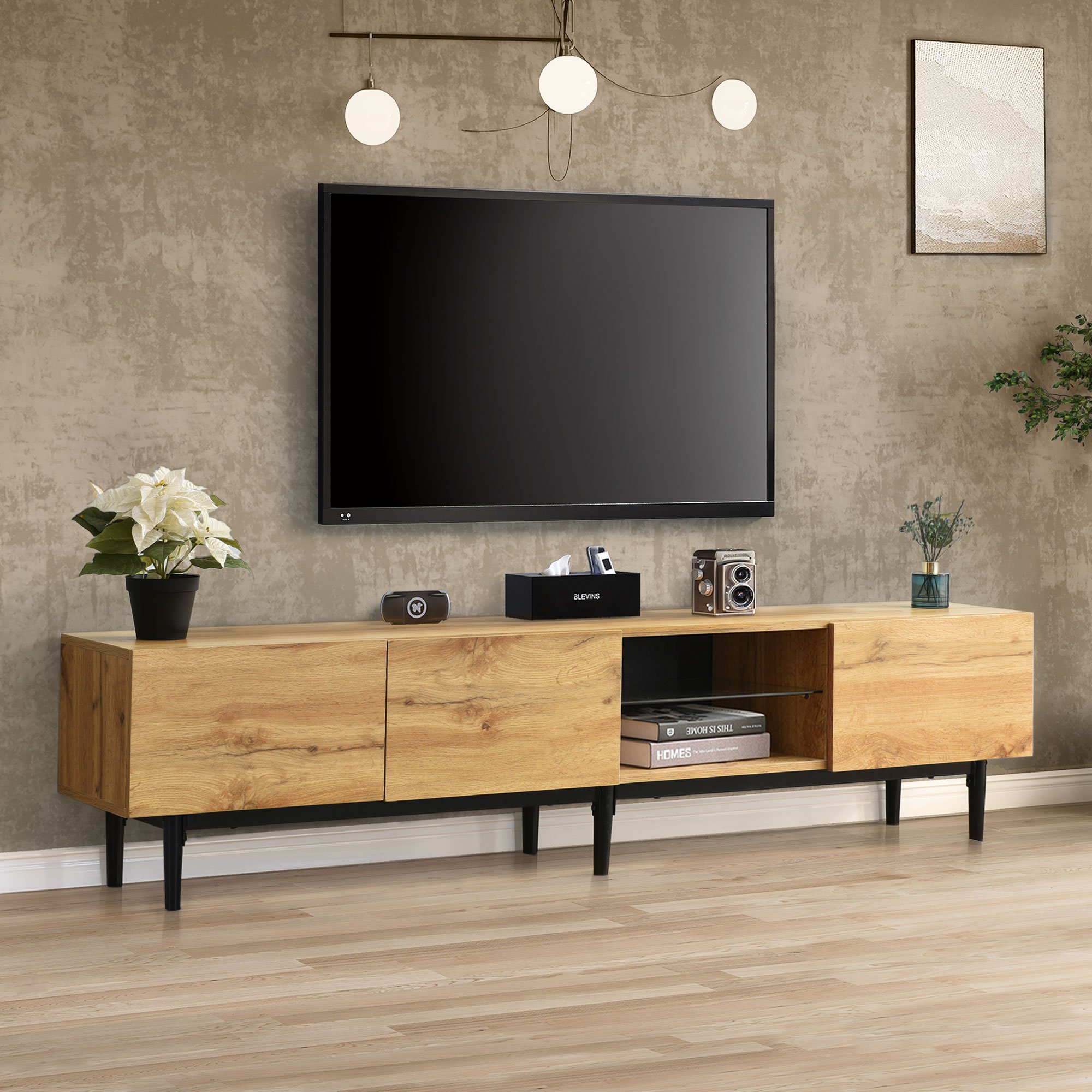 Moderner TV-Schrank mit Holzmaserung und 7-farbigen LED-Leuchten, einfacher Montage und großem Stauraum, Holzfarbe