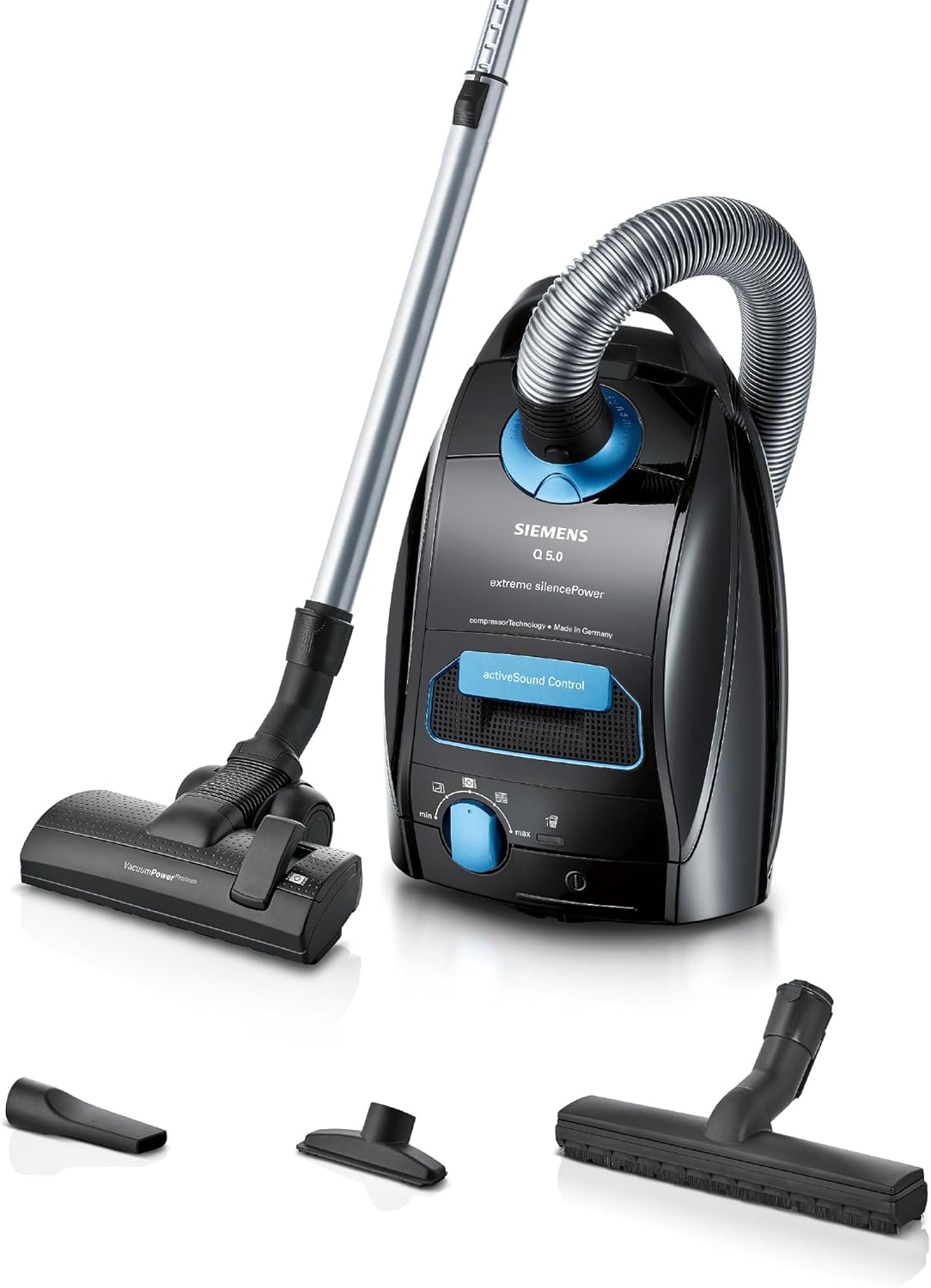Siemens Staubsauger mit Beutel Q5.0 Extreme silencePower VSQ5X1232, für Allergiker, Hygiene-Filter, Starke Saugleistung auf Parkett, Teppich und Fliesen, langes Kabel, Made in Germany, 850 W, schwarz