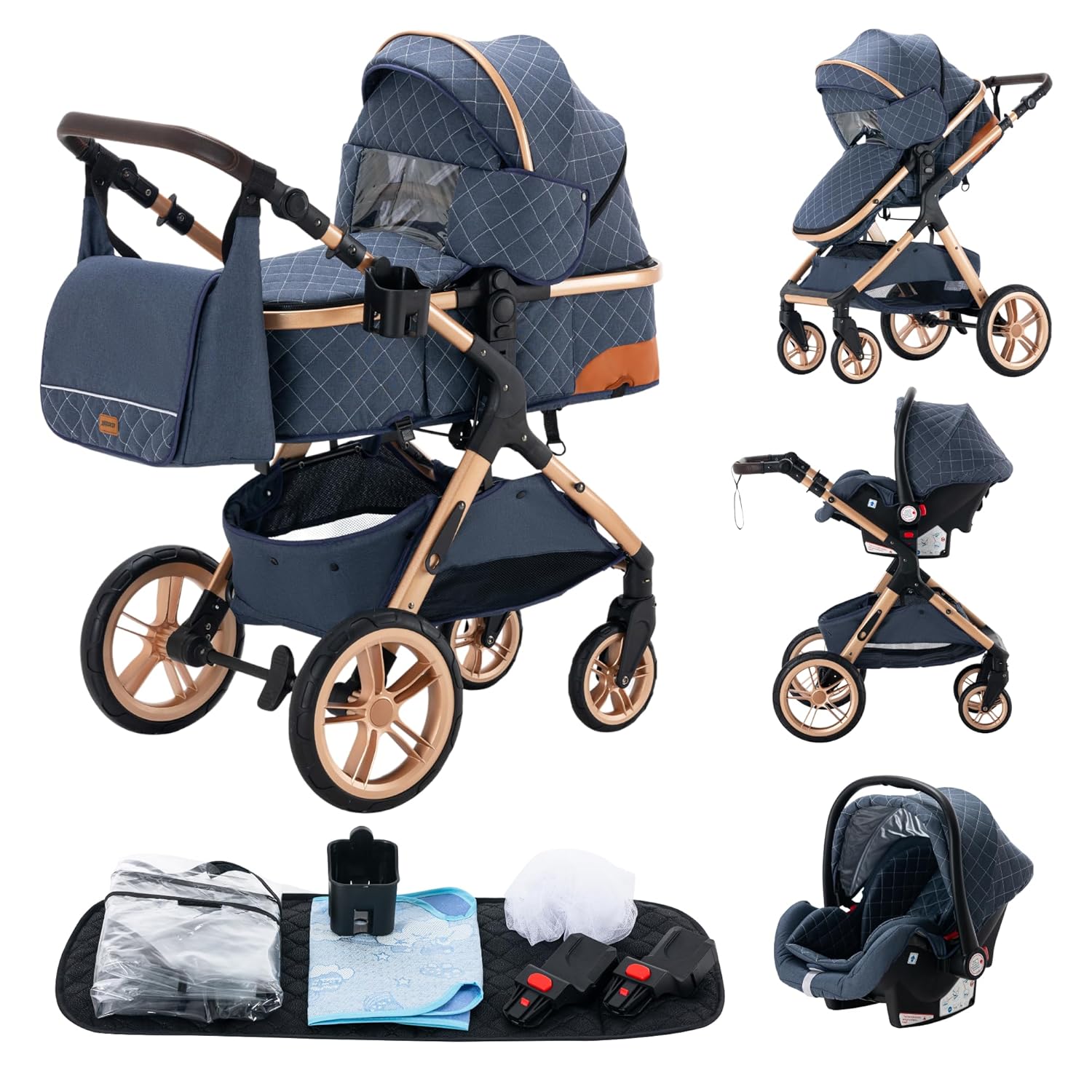 YAZOCO kinderwagen 3 in 1 Buggy Babybett Komplett Set Einem Klick Zusammenklappbarer Kinderwagen, KombiKinderwagen Aluminiumrahmen für Neugeborene Sitzzubehör (1 schwarz)