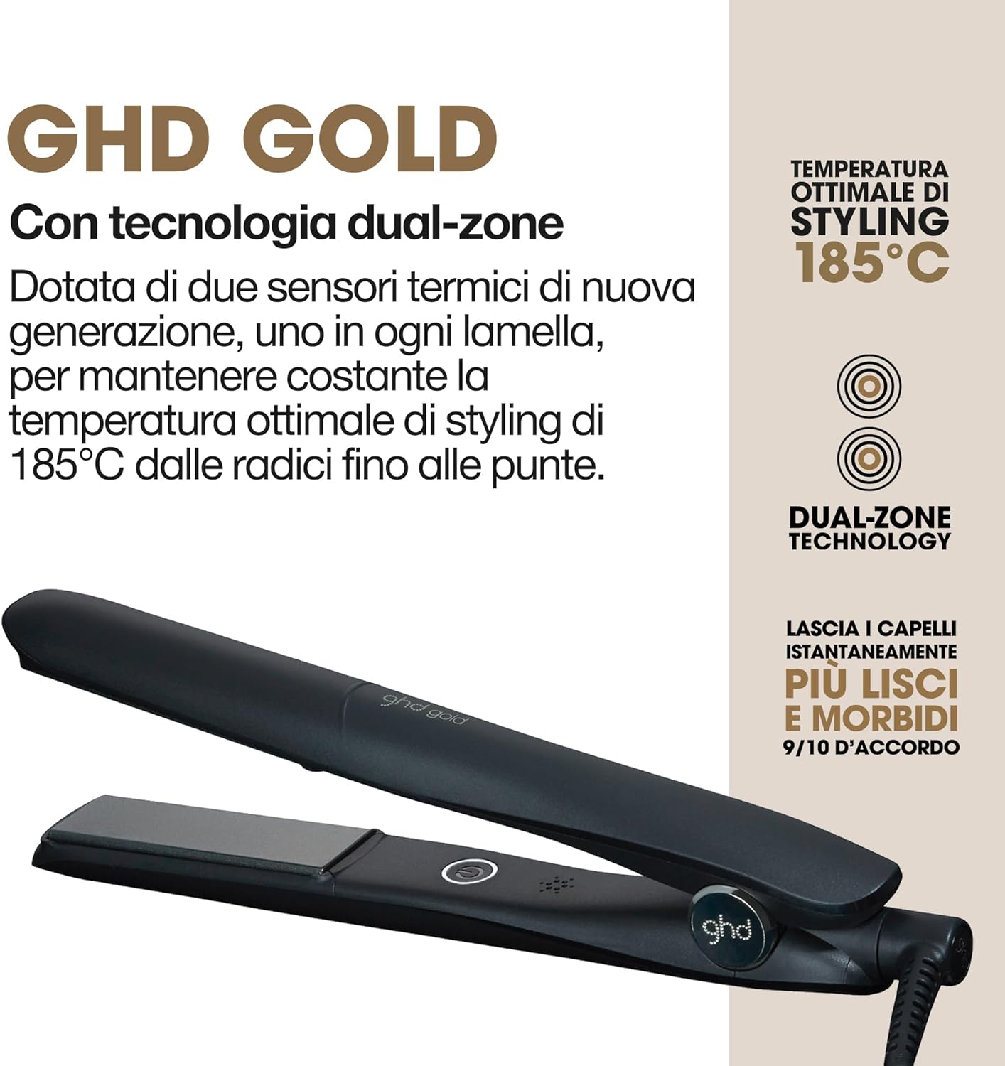 Gold, Piastra Capelli Professionale per Piega Liscia e Mossa, Styler con Tecnologia Dual-Zone e Sensori Termici, Finish Morbido e Lucente da Salone, Cavo Girevole di 2.7 m