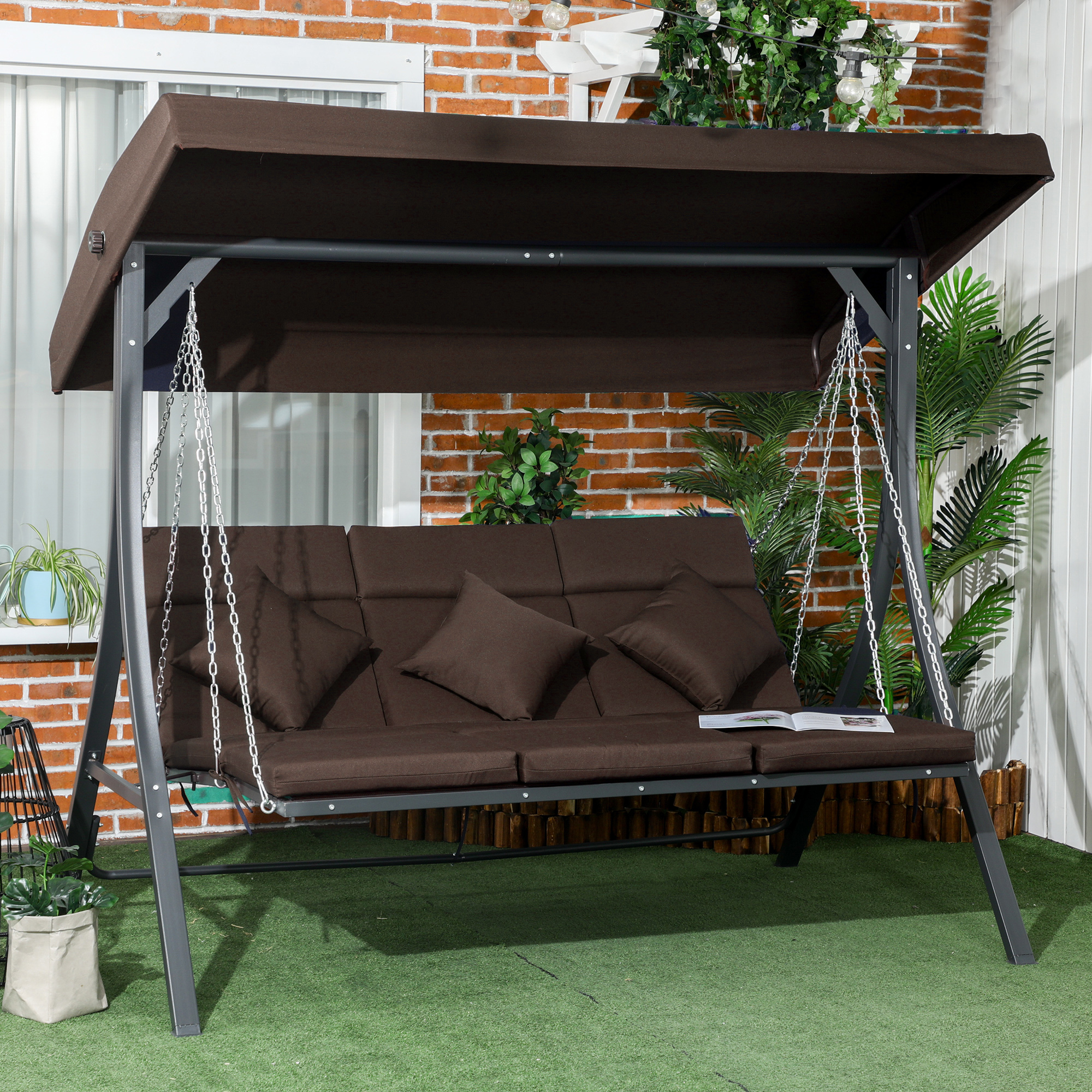 Outsunny Hollywoodschaukel, für 3 Personen, verstellbares Sonnendach, bis 270 kg, braun, 198 x 118 x 168 cm