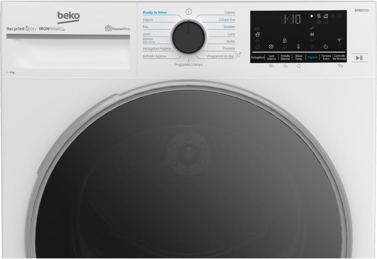 Beko BT96DBS Asciugatrice 9kg, Classe A, Linea Estetica Beyond, motore inverter, Display digitale XL, colore Bianco, oblò Nero, WIFI