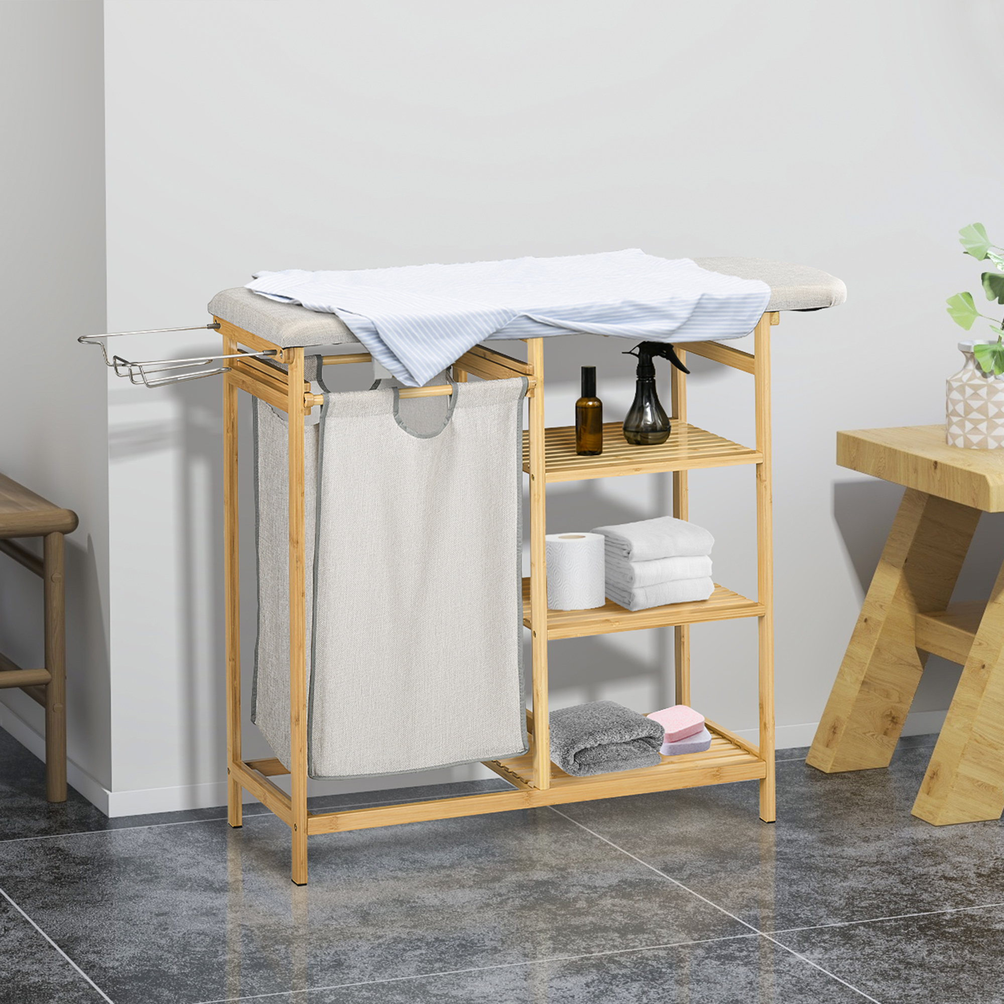 Wasmand, multifunctioneel, Stijkplank & Stoffen Zak 57L, Bamboe Frame, 113x34x82cm, Natuur/Grijs