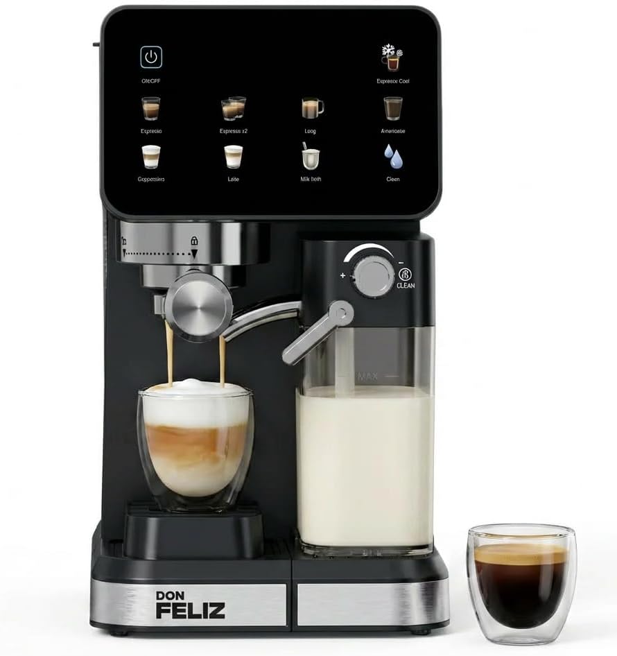 Don Feliz Macchina da caffè espresso semiautomatica, 20 bar, 1350 W, con display LCD, serbatoio del latte da 500 ml, serbatoio dell'acqua da 1,5 l, compatibile con Nespresso, Cappuccino, Americano