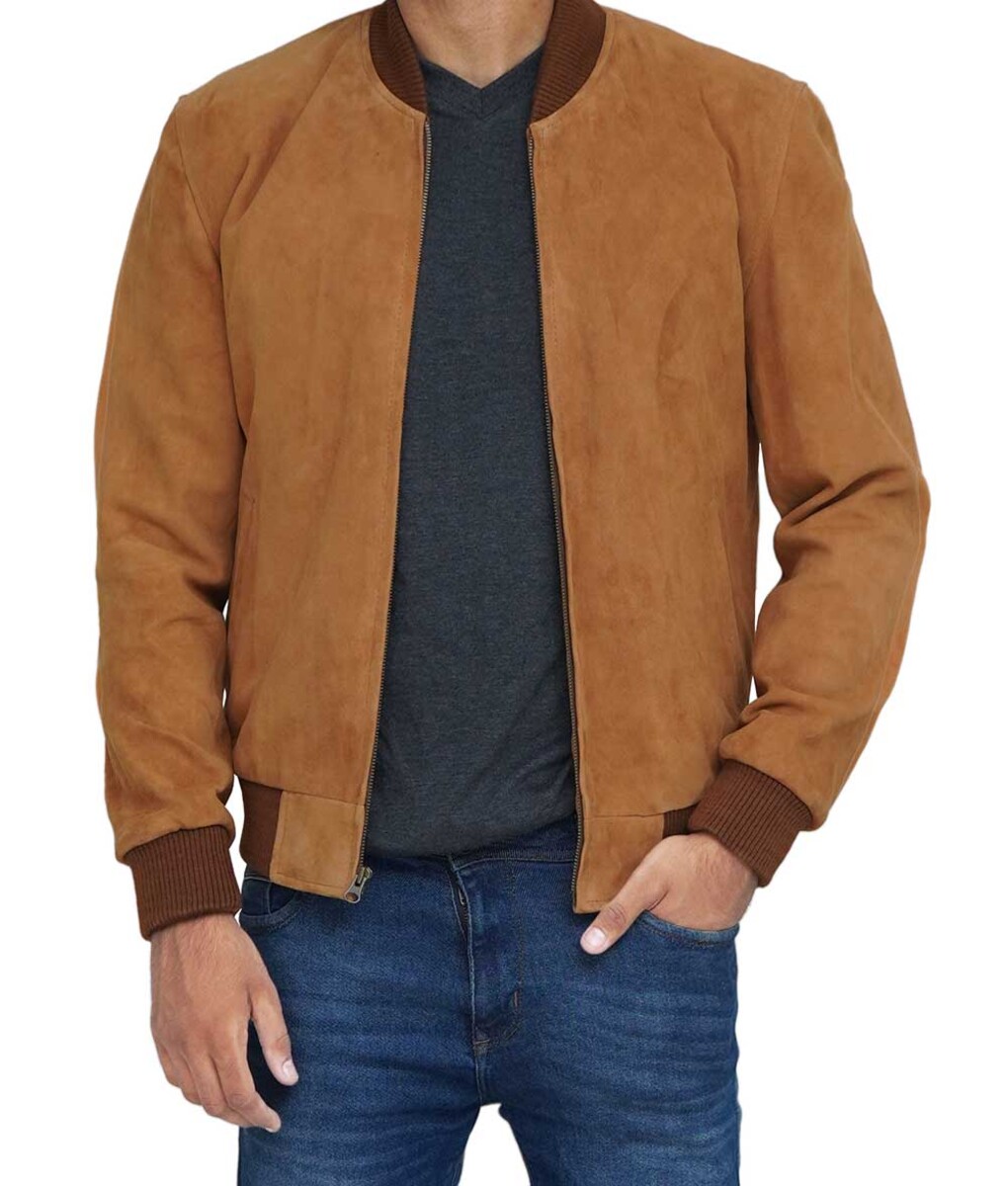 Mens Brown Leather Suede Bomber Jacket