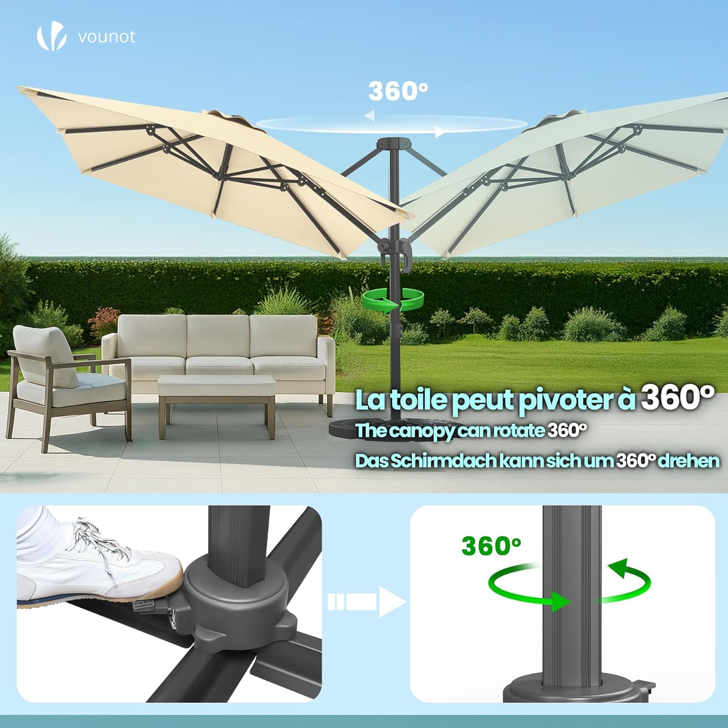 VOUNOT® Ombrellone Decentrato da Giardino 3x3M, Inclinabile a 6 Posizioni, Rotazione a 360°, Telo Impermeabile Anti-UV in Poliestere con 8 Stecche, per Esterno, Terrazzo e Piscina, Beige Scuro