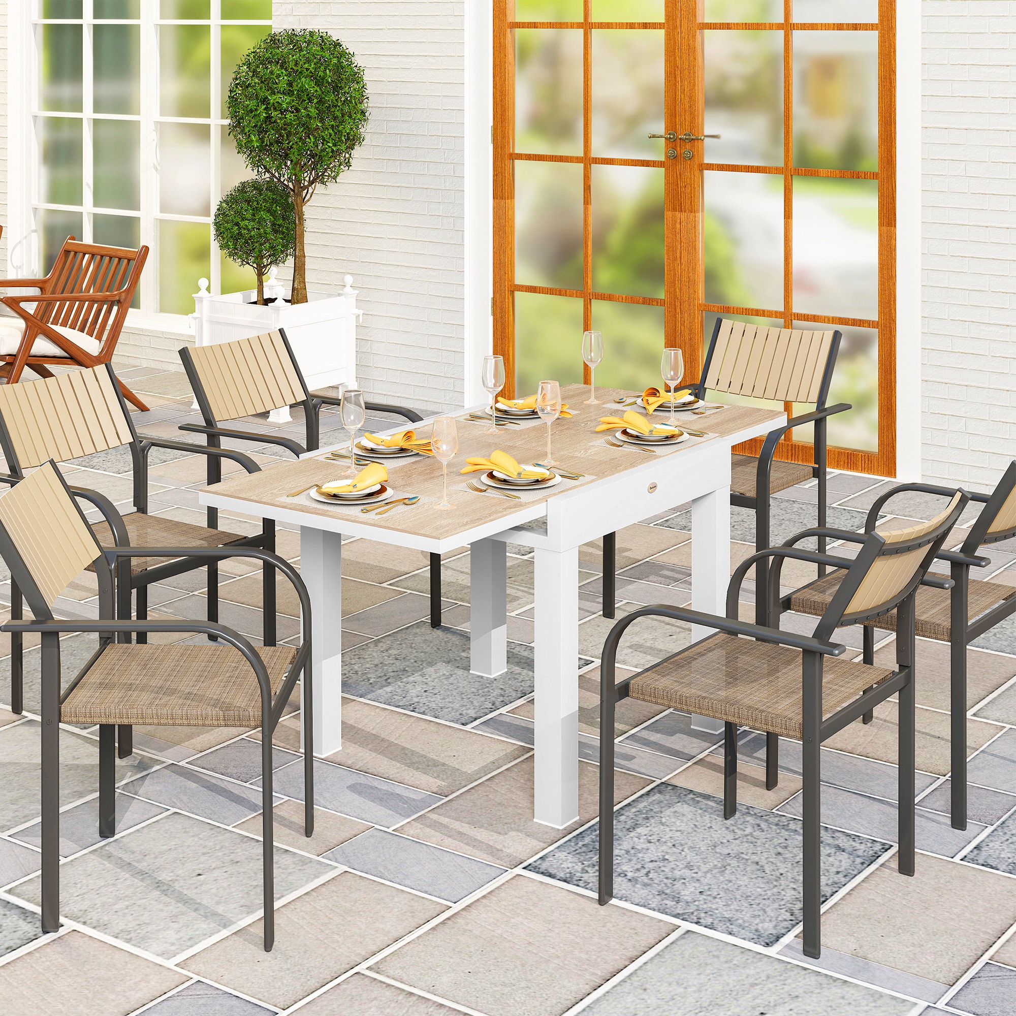 Outsunny Erweiterbarer Garten Esstisch für 6 Personen mit rechteckiger Tischplatte, Aluminiumgestell, 60x80x75cm