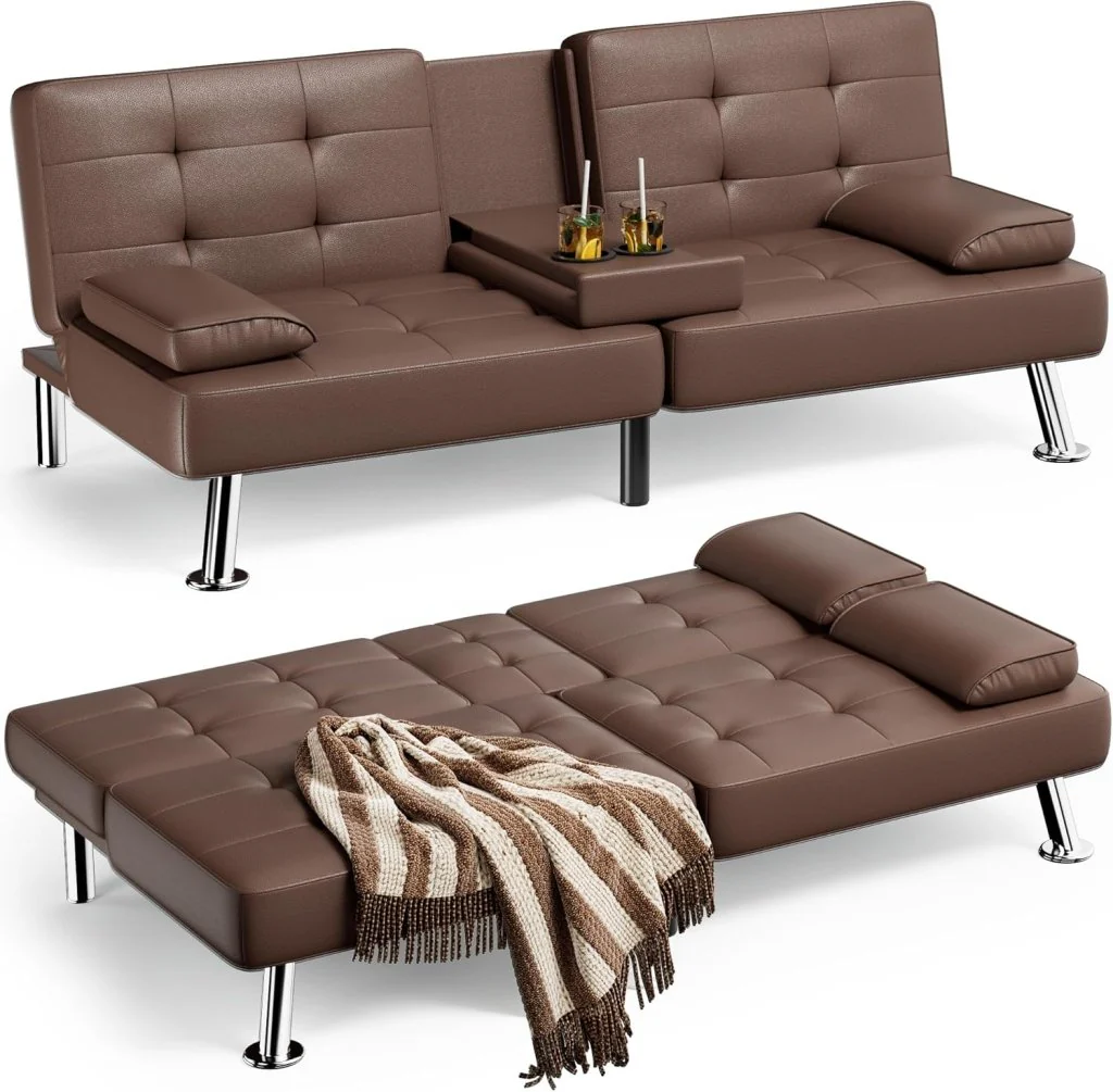 Homall Futon Sofa Bed, Leather Futon Couch with Removable Armrests, Adjustable Recliner Sleeper Sofa Bed with Dual Cup Holders for Living Room, Apartment