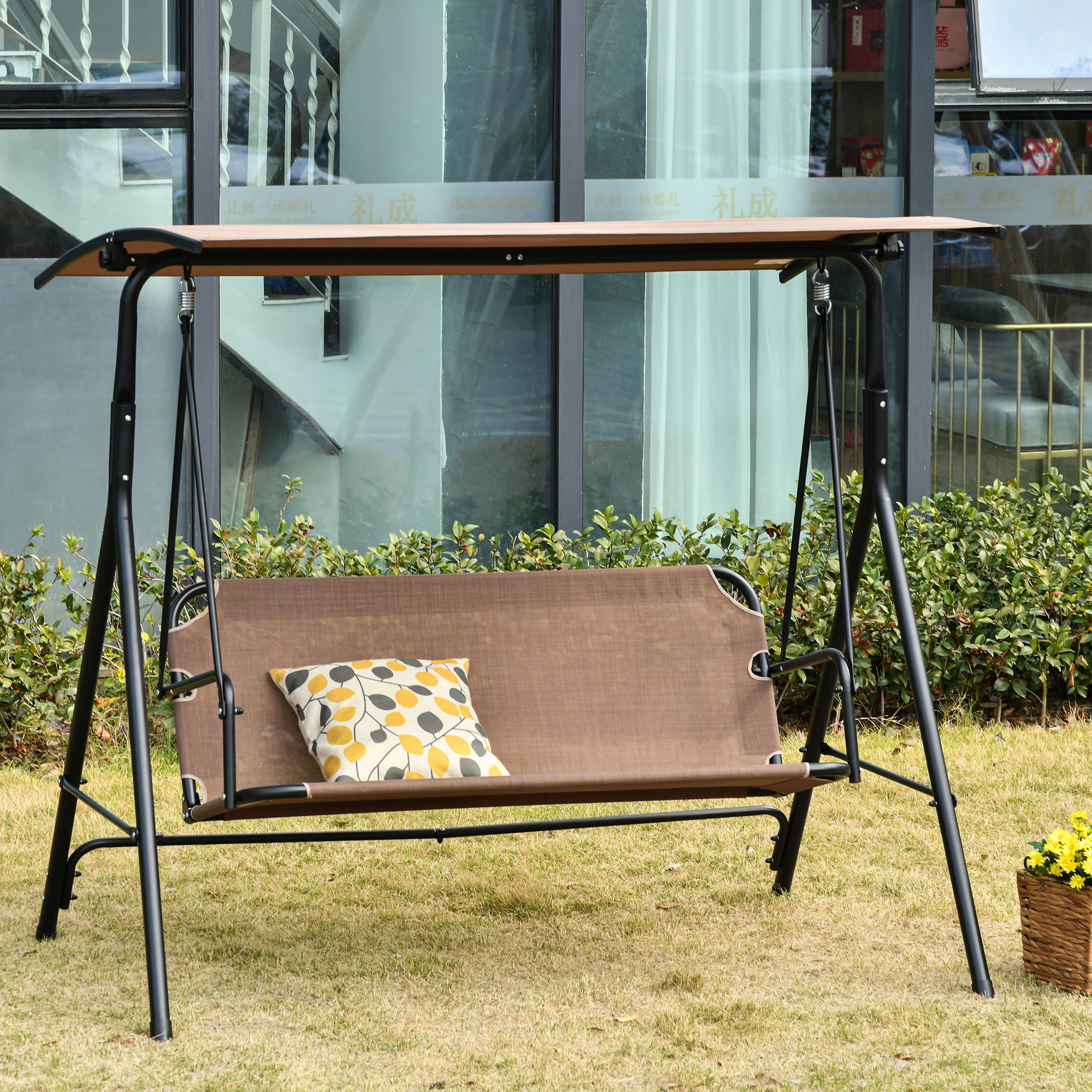 Outsunny 2-Sitzer Hollywoodschaukel Outdoor Gartenliege UV-beständig Hochwertiges Metallrohr winkeleinstellbar Braun