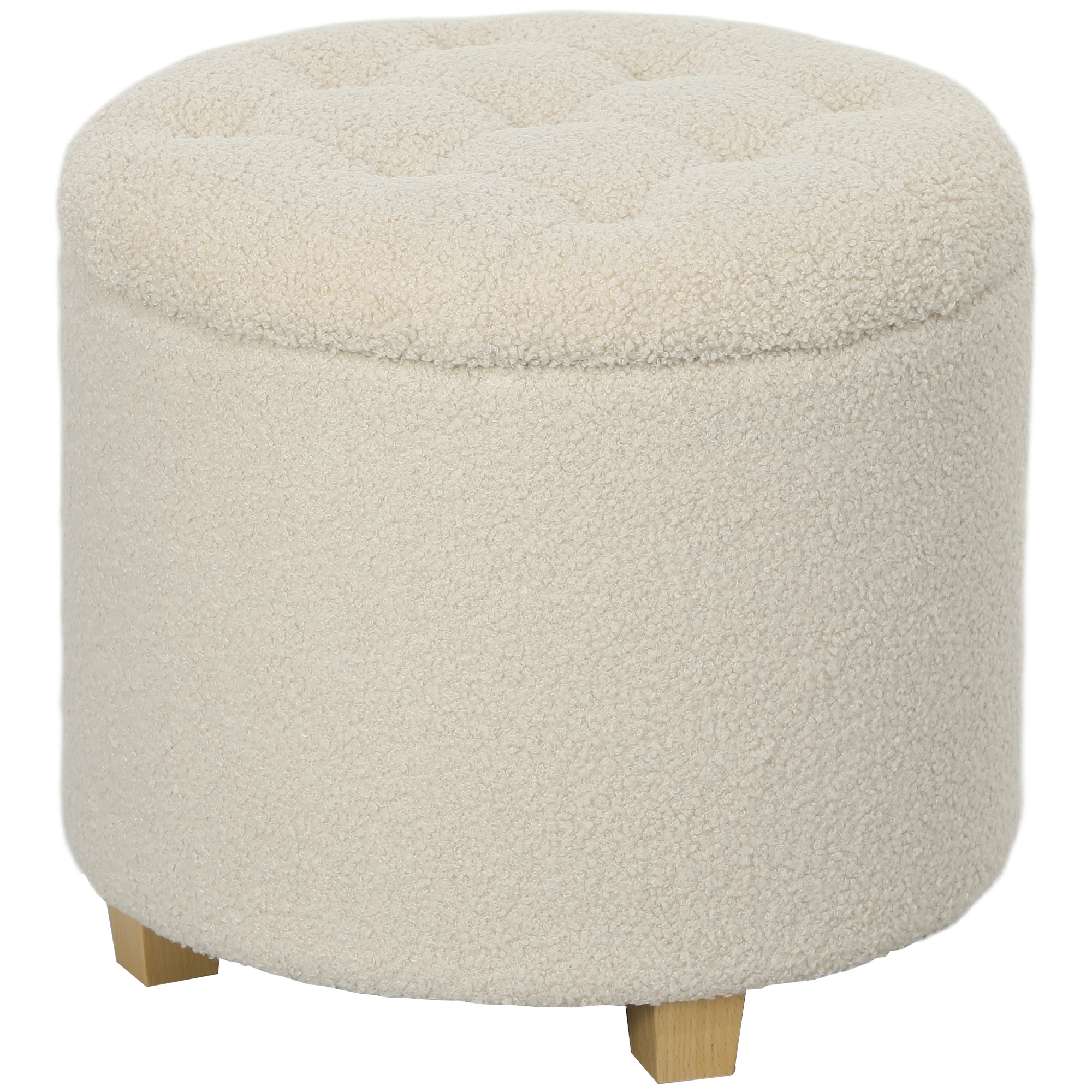 HOMCOM Runder Sitzhocker mit Stauraum, Deckel und Holzbeinen, Fußhocker für Wohnzimmer, Flur, Schlafzimmer, Cremeweiß