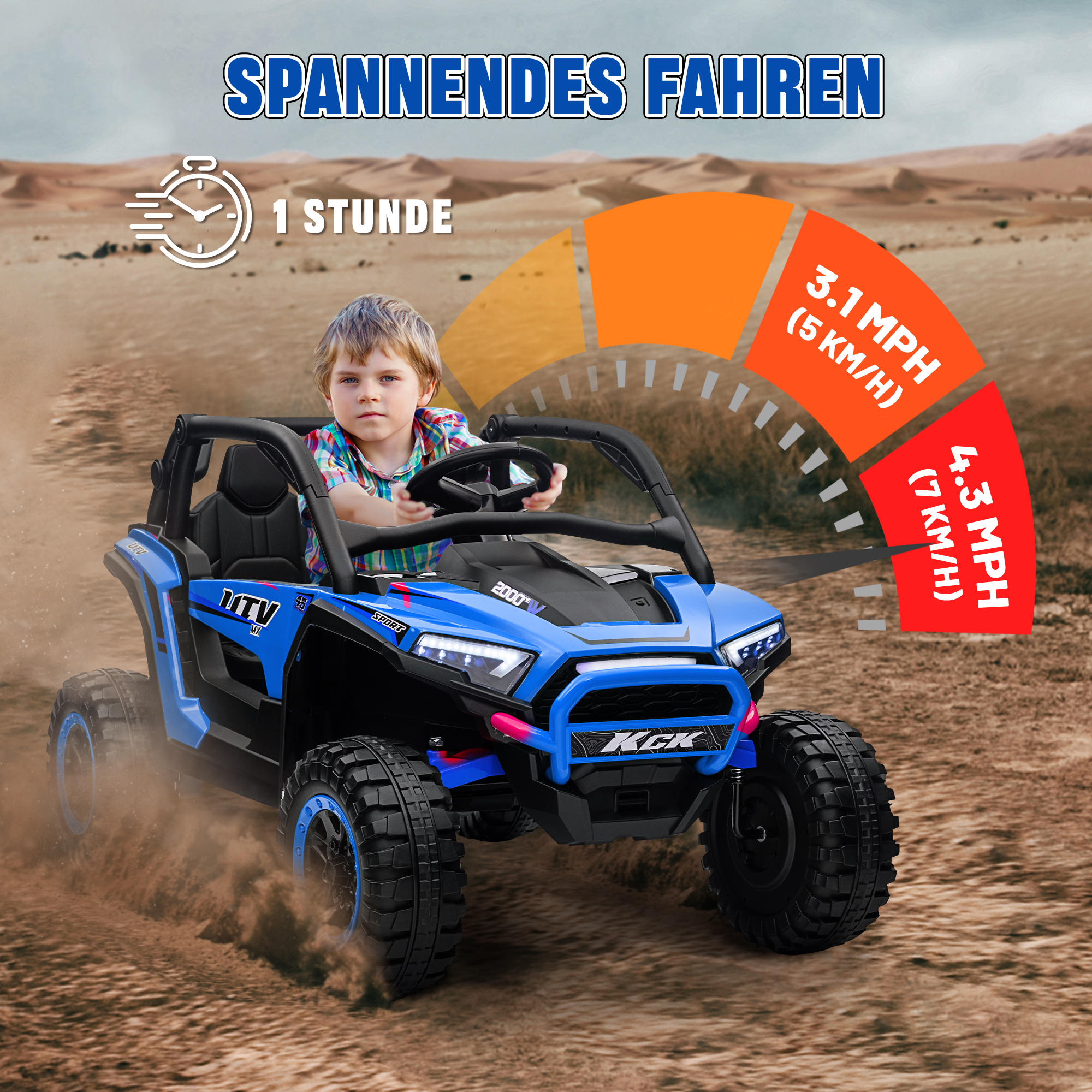 AIYAPLAY Kinderauto Elektrische SUV, 5-7 km/u, 2-Zitter, Afstandsbediening, Muziek, Licht, 1u Rijtijd, Blauw
