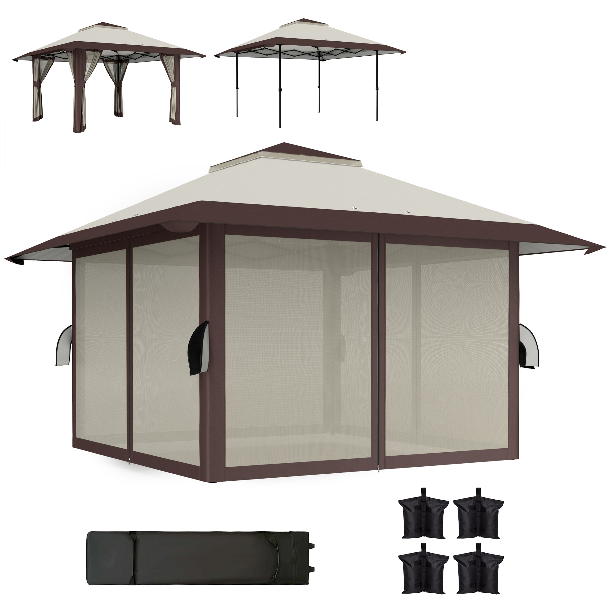 Outsunny 4 x 4 m Garten-Pavillon, Gartenzelt mit Netzwänden, UPF50+ Schutz, Höhenverstellbares Partyzelt, Beige
