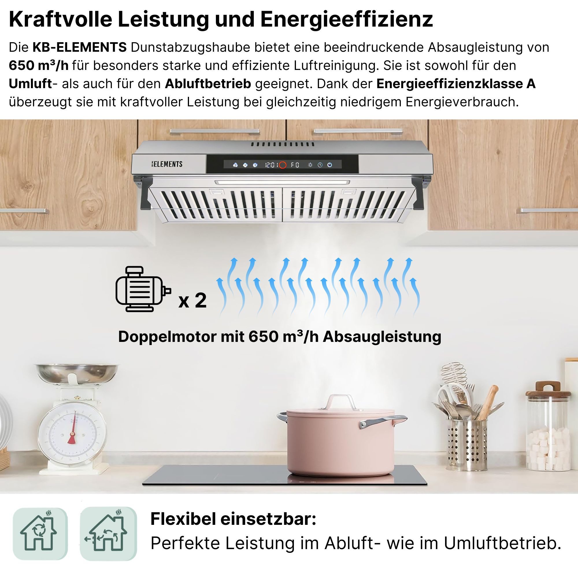 Unterbauhaube Doppelter motor 2 x 80 Watt, 650 m³/h Absaugleistung