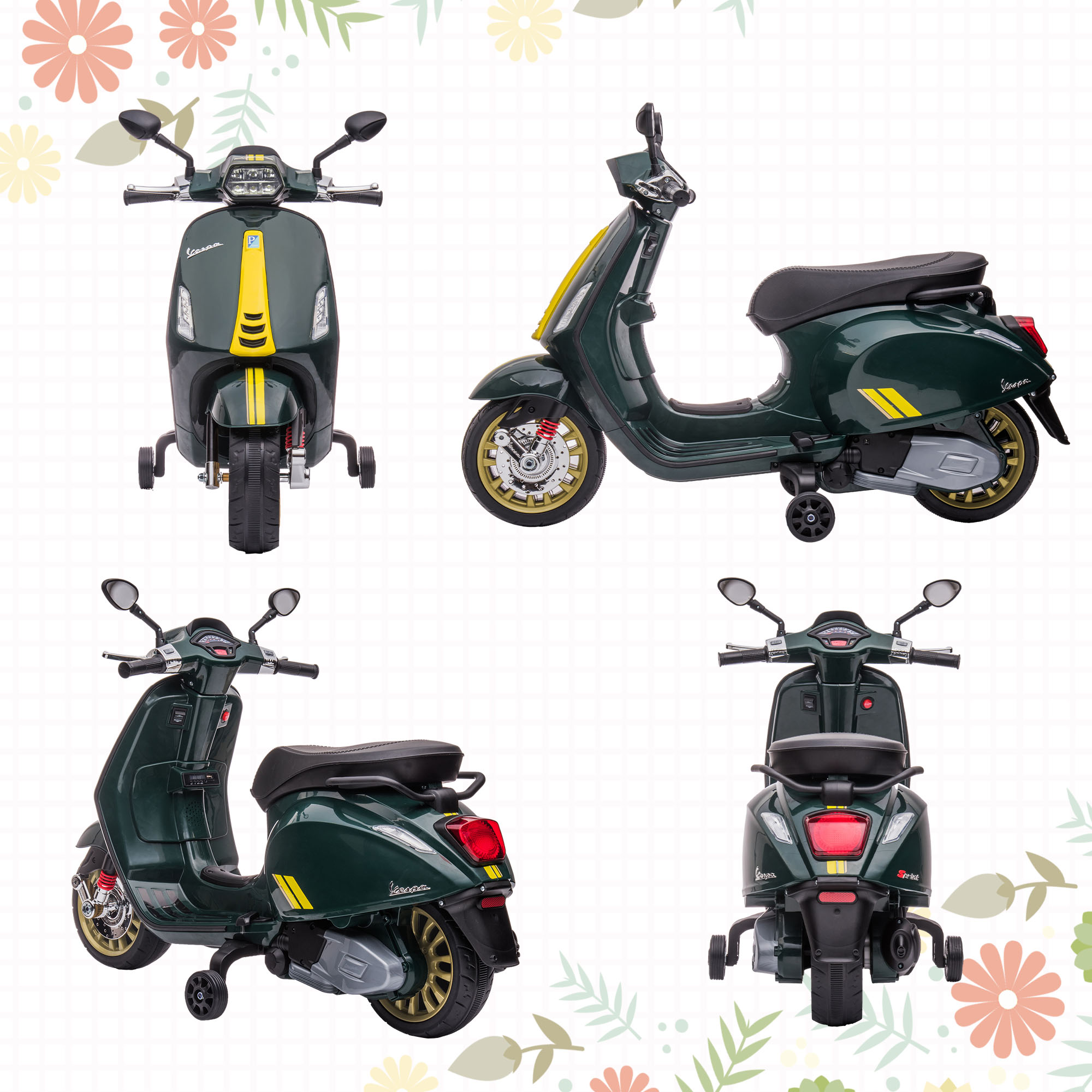 AIYAPLAY Elektrische Kinder Vespa, 3 km/u, 3-6 Jaar, Muziek, Licht & Radio, Donkergroen