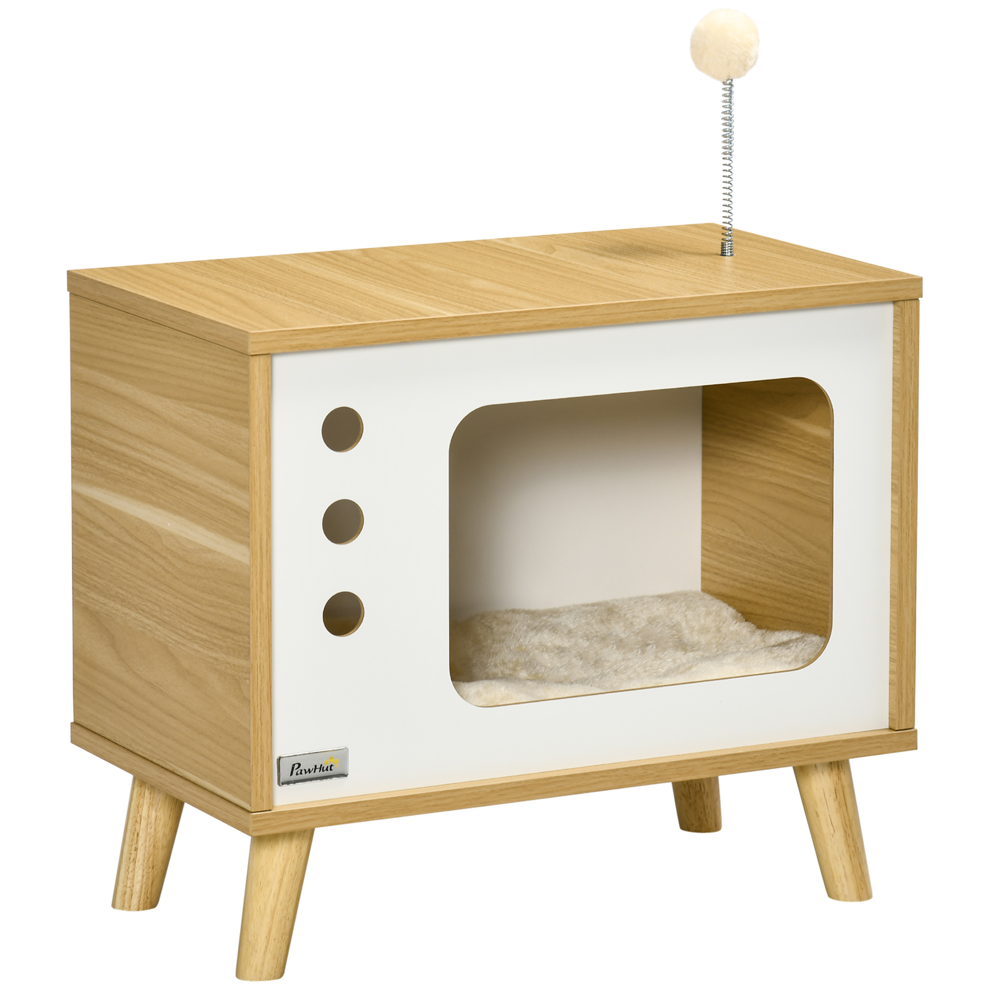 PawHut Katzenhöhle imTV-Design inkl. Spielzeug, waschbares Kissen, 50 cm x 28 cm x 43 cm, Eiche + Beige + Weiß