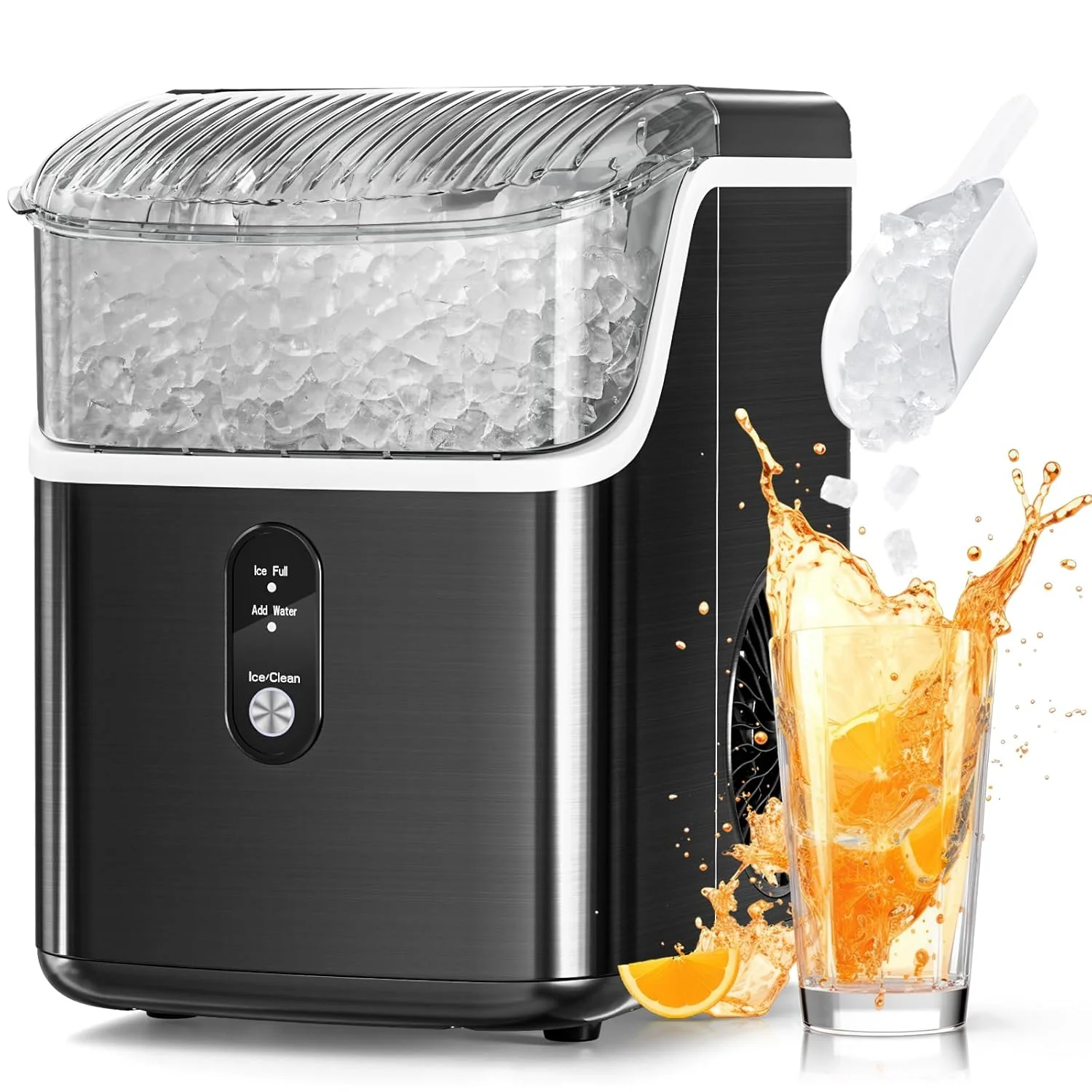 Nugget Ice Makers Countertop, Pebble Ice Machine with Chewable Pellet Ice, 34Lbs/24H, Self-Cleaning, Sonic Ice, One-Click Operation, for Kitchen,Office Stainless Steel Silver
