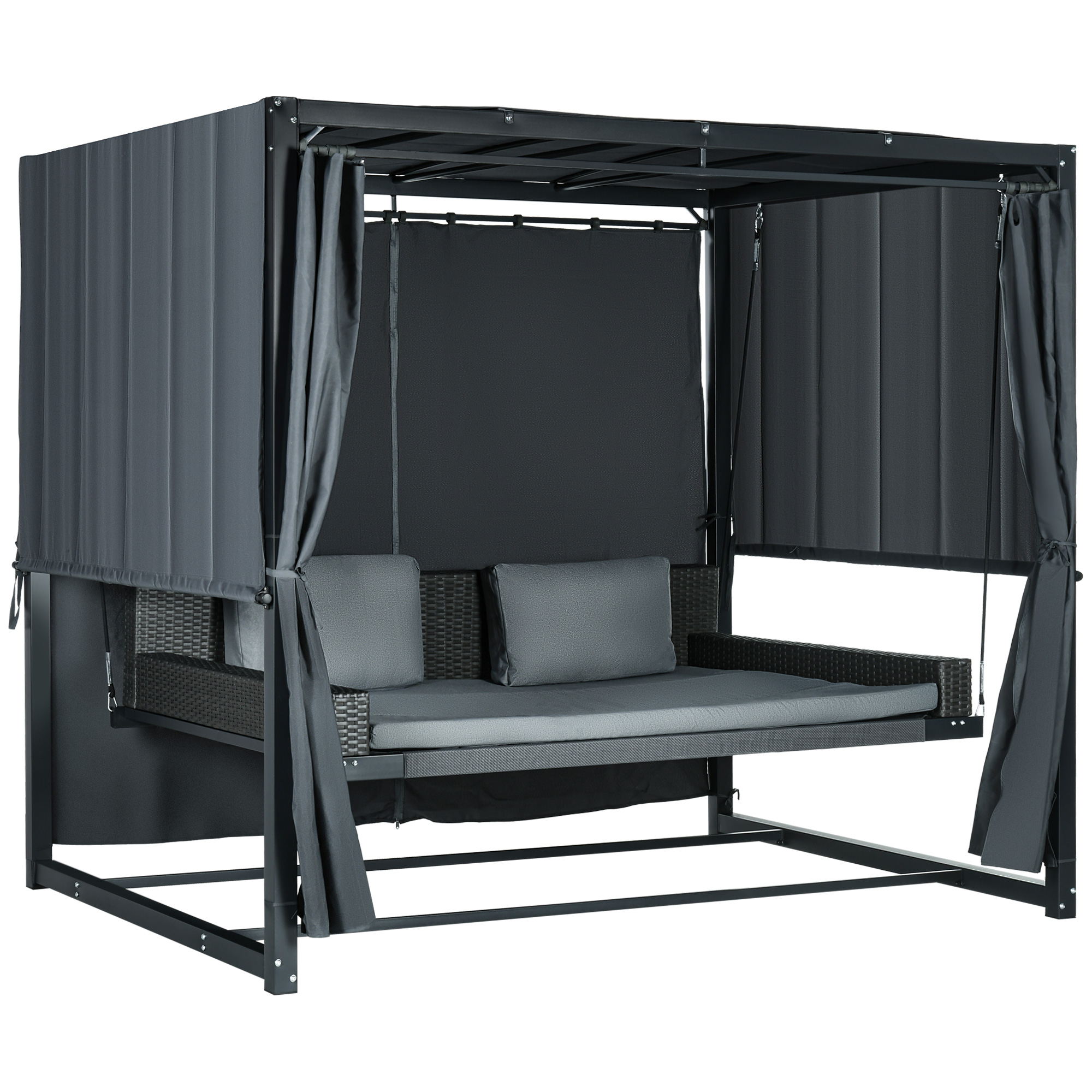 Outsunny Outdoor-Schaukelbett aus PE-Rattan mit Baldachin, inkl. Kissen, wetterbeständig, 235 cm x 180 cm x 210 cm, Grau
