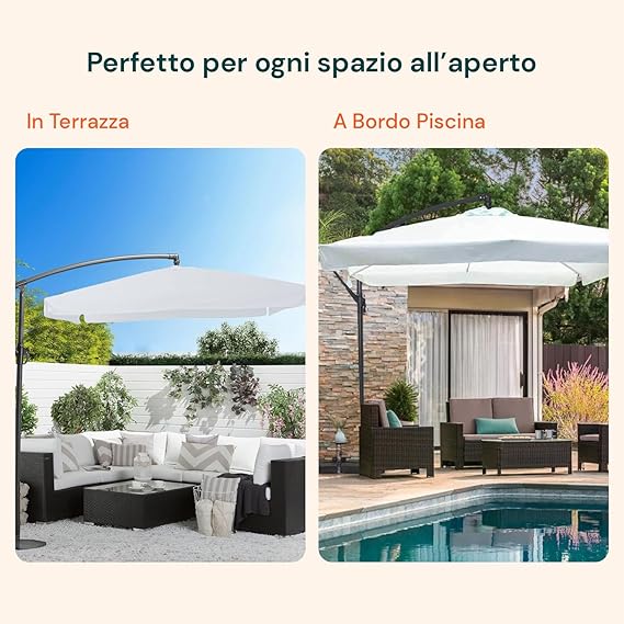 Ombrellone Rotondo ø3m Bianco Con Braccio Laterale In Acciaio E Manovella