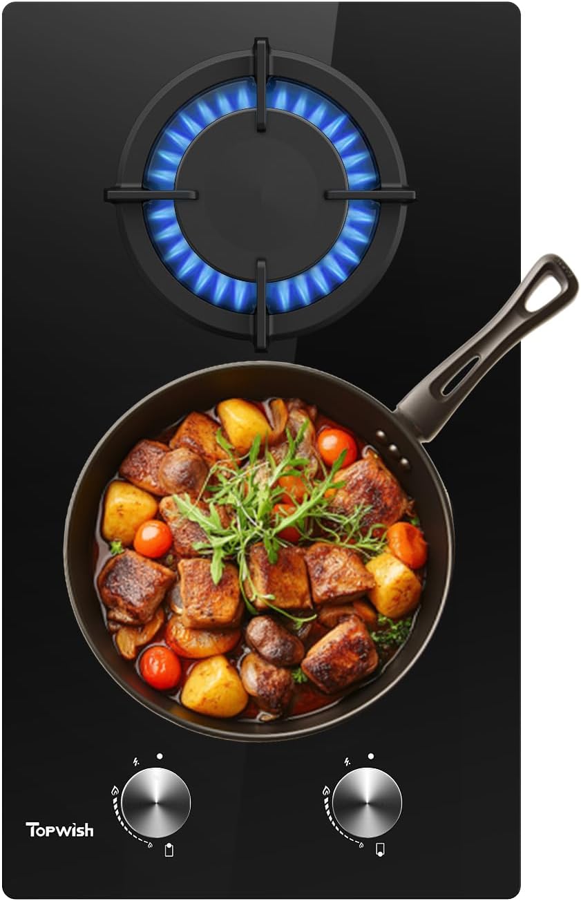 TOPWISH piano cottura 2 fuochi gas incasso, piano cottura gas 2 fuochi, 30 cm Piano cottura con protezione automatica della fiamma, NG/LPG convertibile, 4750W