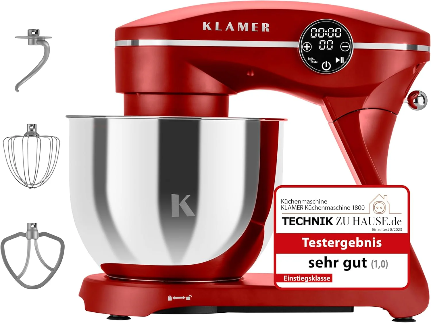 KLAMER Keukenmachine 1800W, Kneedmachine met 6 Liter RVS Kom, 10 Snelheidsstanden met Timer, Klopper, Deeghaak, Garde en Spatdeksel