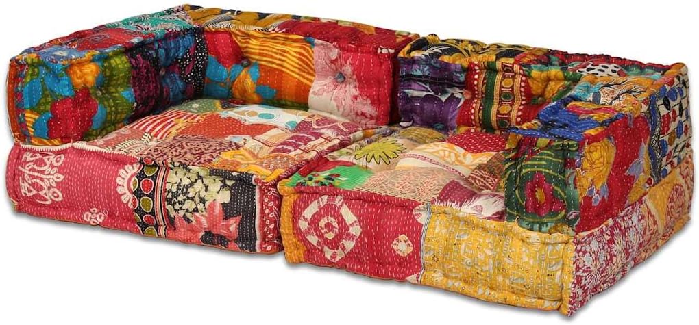 Pouf Modulare 2 Posti in Tessuto Patchwork Cuscino Seduta con Schiuma e Poliestere 140x70x58cm Trasformabile Letto Divano Chaise Longue con 2 Cuscini per Interno ed Esterno