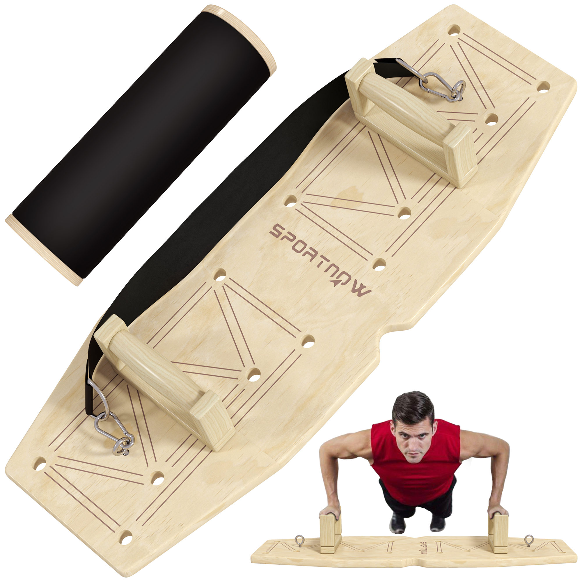 SPORTNOW Push Up Bars Set, Liegestützgriffe mit Trainingsboard & Widerstandsbändern, Holz
