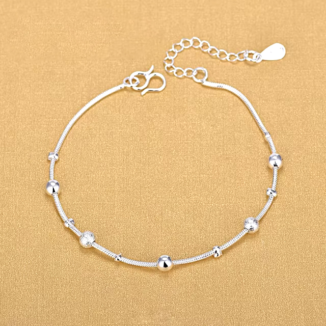 Stylish Smooth-Surface Beaded Anklet in Sterling Silver