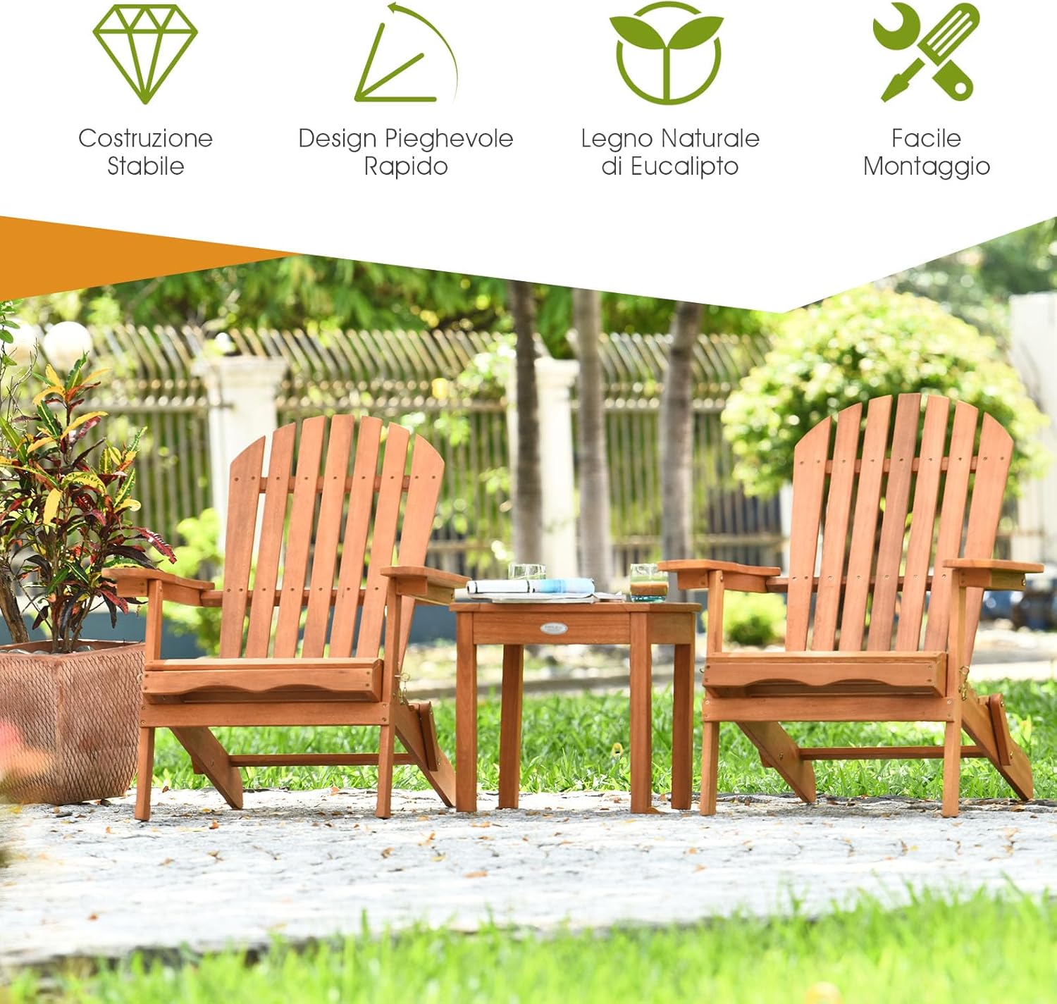 COSTWAY Adirondack 3 Piece Wooden Chairs and Side Table Set Folding Deck Chairs and Side Table with Slatted Design, Wooden Outdoor Furniture for Garden, Patio, Natural