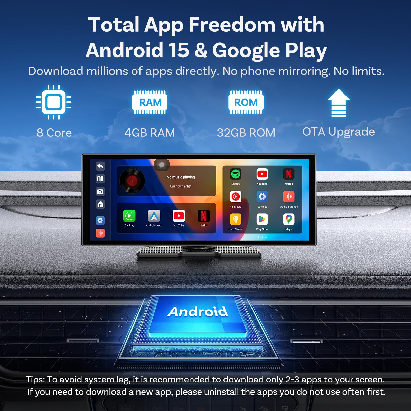 11,4 Zoll CarPlay Display für kabelloses Apple CarPlay und Android Auto mit Android 15, Google Play, Gemini AI Sprachassistent, GPS-Navigation