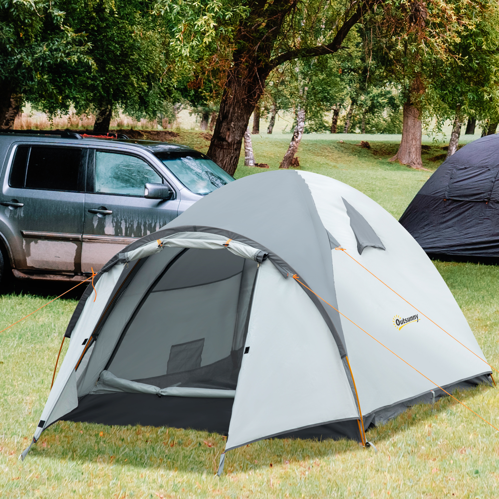 Outsunny Campingzelt für 3-4 Personen wasserdicht doppellagige Mesh-Fenster tragbar 350 x 150 x 128 cm Grau