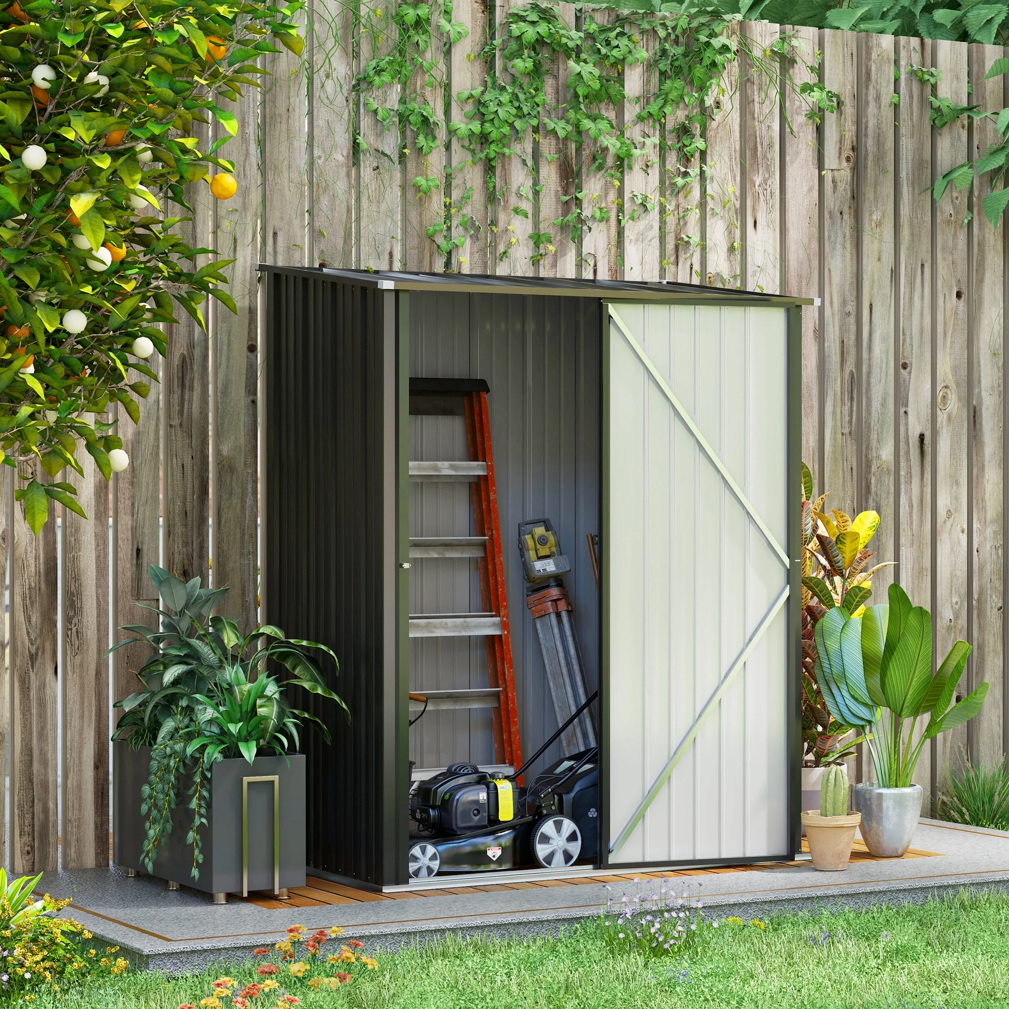 Outsunny Tuinschuur Gereedschapsschuur, afsluitbare deur, weerbestendig, incl. schappen, 161,5 cm x 94,5 cm x 196 cm, Zwart