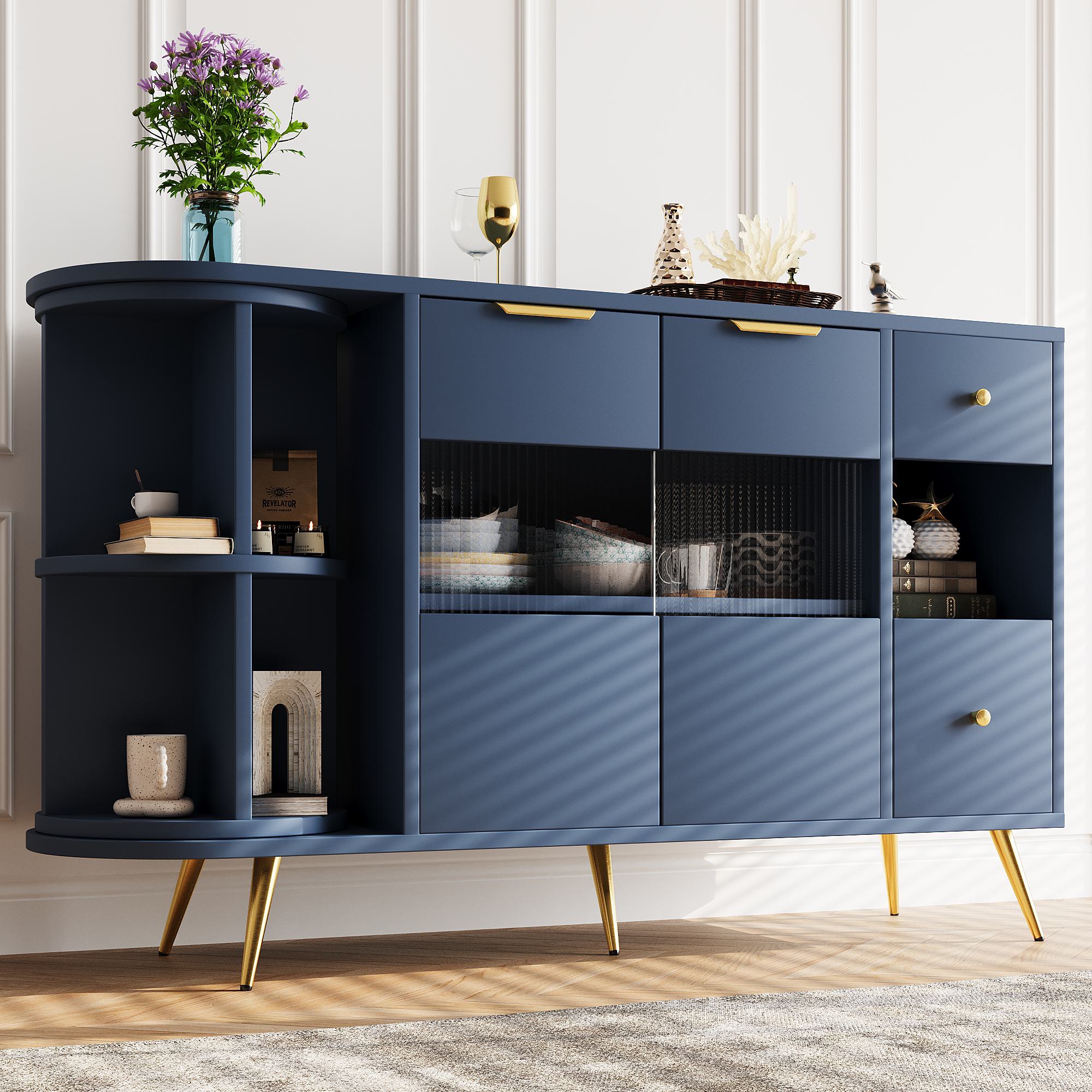 Sideboard Aufbewahrungsschränke mit Glastür und LED-Leuchten, Holzanrichte Freistehende Schränke, 130×40×80 cm, Blau