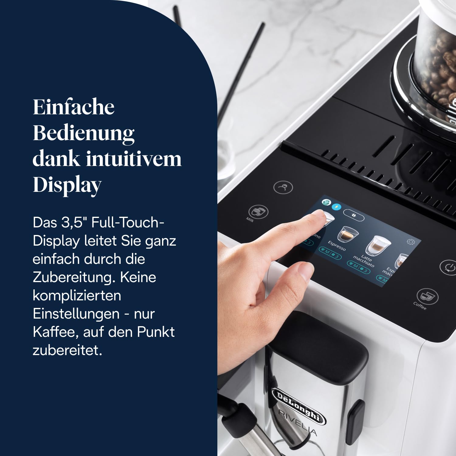Kaffeevollautomat Rivelia 16 Getränke 1,4 l 3,5-Zoll-Touchdisplay austauschbare Bohnenbehälter LatteCrema Milchsystem Weiß