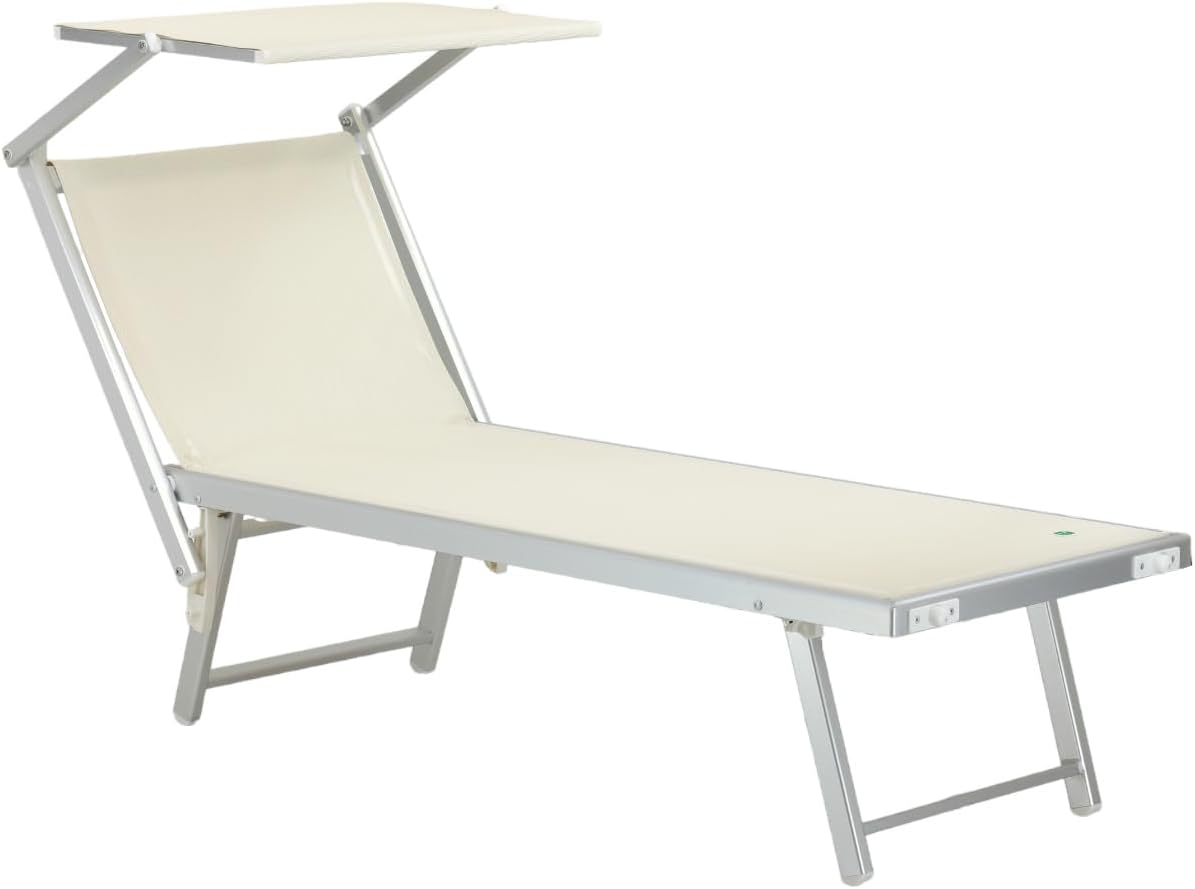Totò Piccinni Salento Folding Aluminium Sun Lounger with Canopy Sea Beach Pool Garden (Beige)