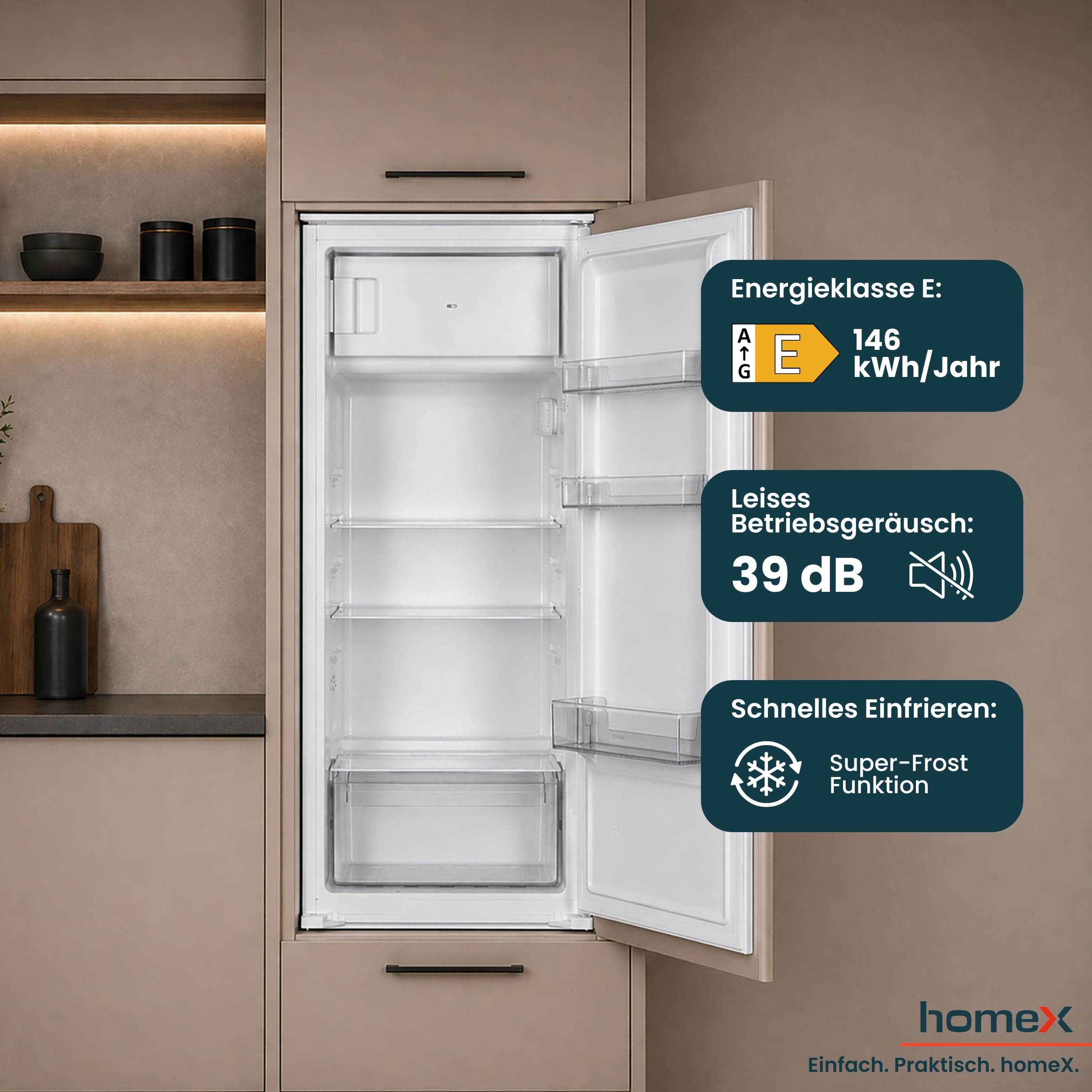 Einbaukühlschrank mit Gefrierfach 181 Liter, 122 cm Nische, 167 L Kühlraum und 14 L Gefrierraum, Schlepptürtechnik