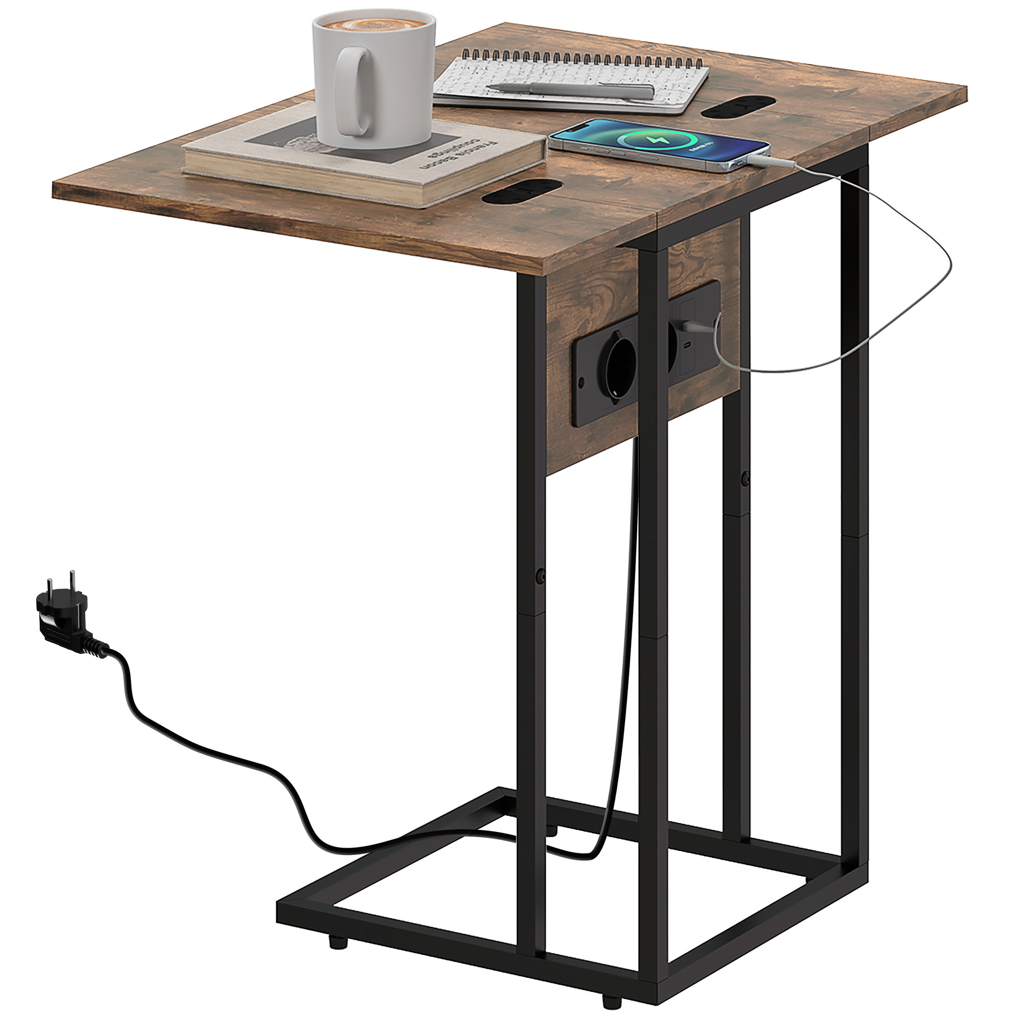 HOMCOM Ausziehbarer C-Couchtisch mit 2 Ladestationen, aus Holz und Metall, 39x29x57 cm, Schwarz und Braun