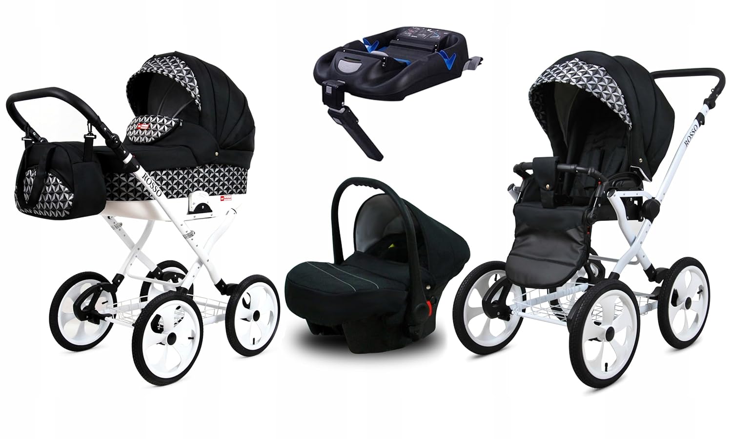 BabyLux® Bambimo Kinderwagen Set 2 in 1 - Rosso - incl. Babywanne, Buggy Sportsitz - Kinderwagenset - Kombikinderwagen mit Wickeltasche, Regenschutz, Moskitonetz, Cupholder usw.
